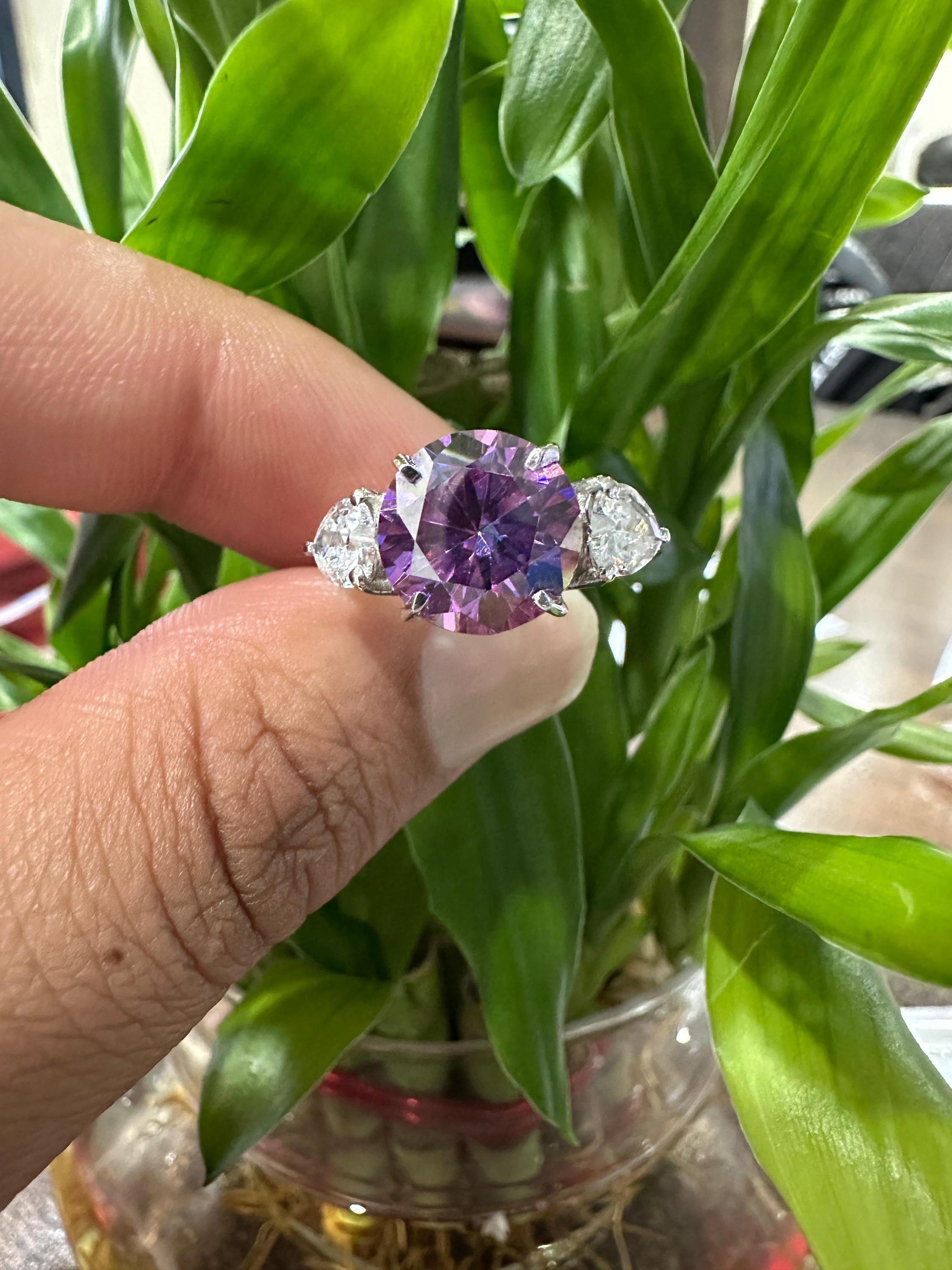 5 Ct Purple Moissanite Engagement Ring for her, 14k White Gold Statement Anniversary Ring