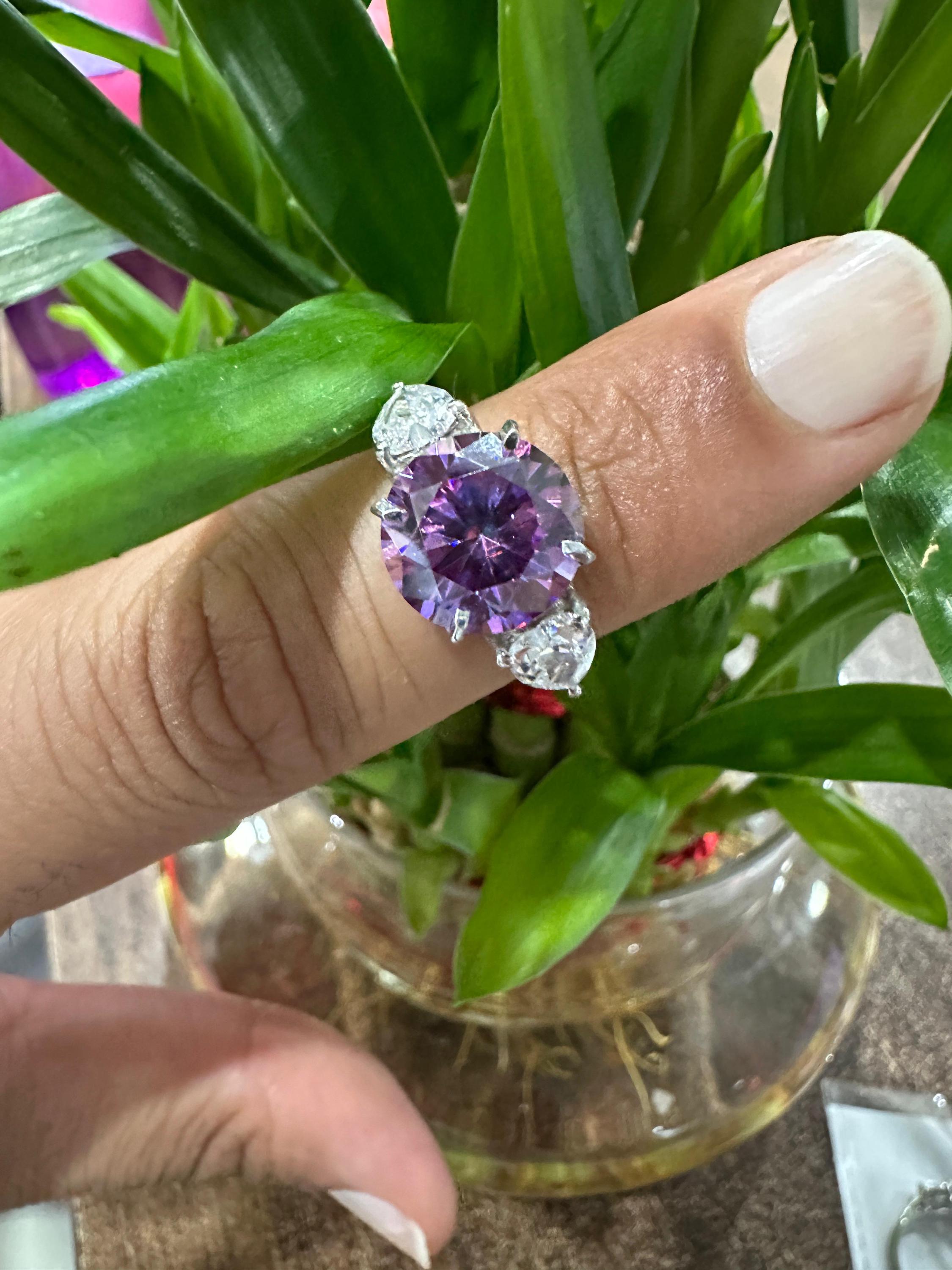 5 Ct Purple Moissanite Engagement Ring for her, 14k White Gold Statement Anniversary Ring