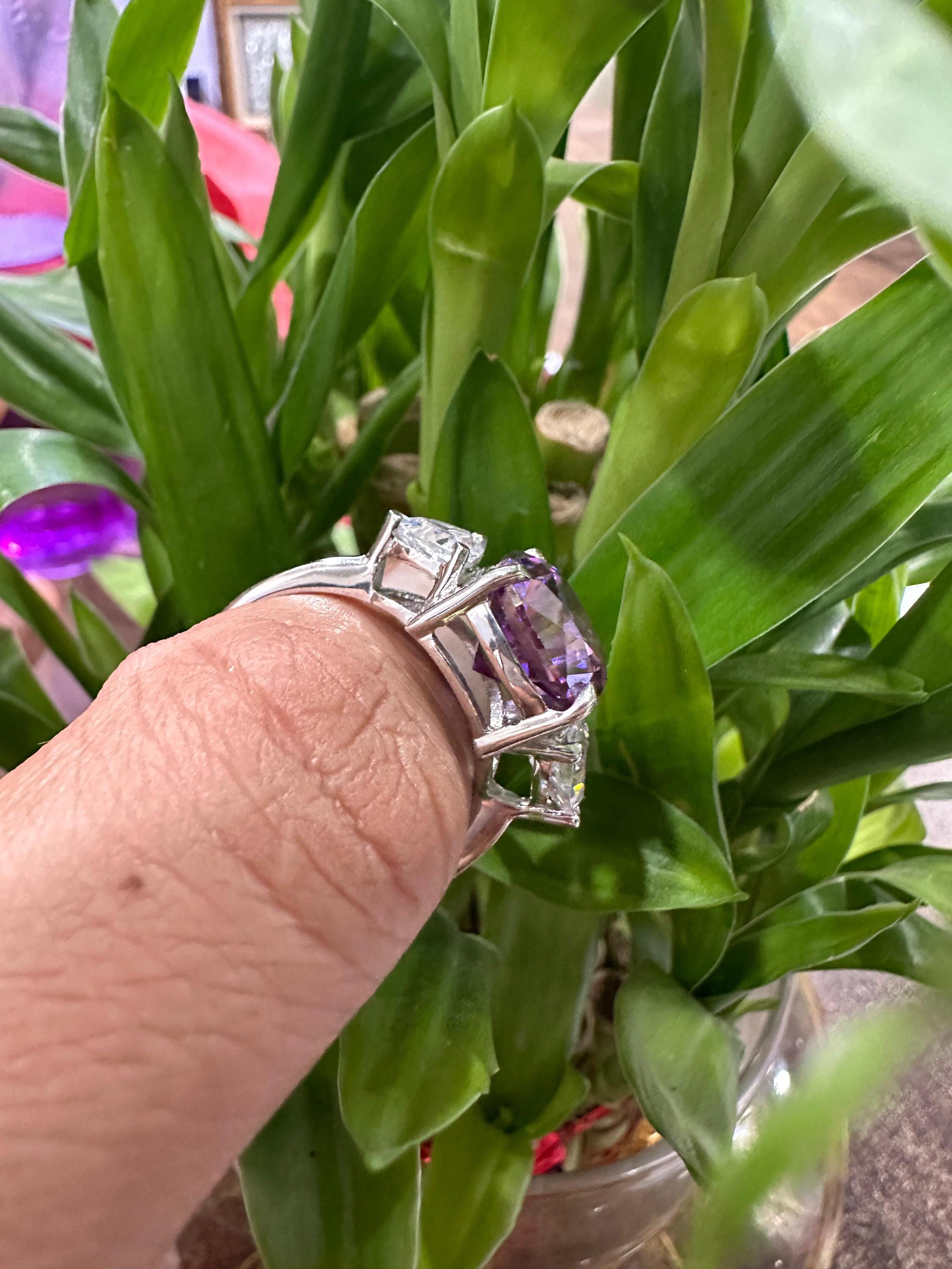 14k Gold Purple Moissanite Engagement Ring | 7 Ct Cushion Cut Statement Wedding Ring