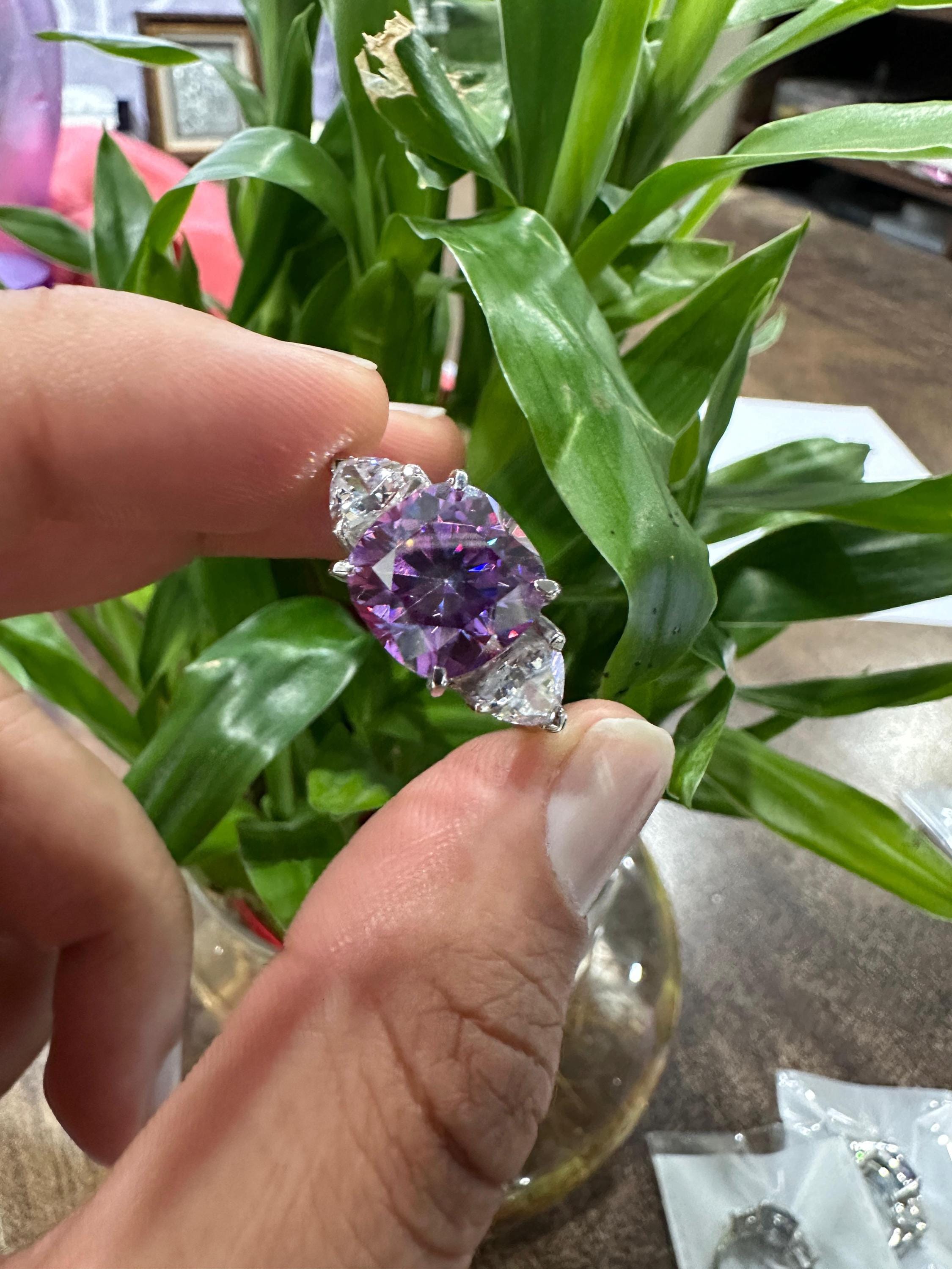Cushion Cut Purple Moissanite Ring | 14k White Gold, Christmas Gift for her