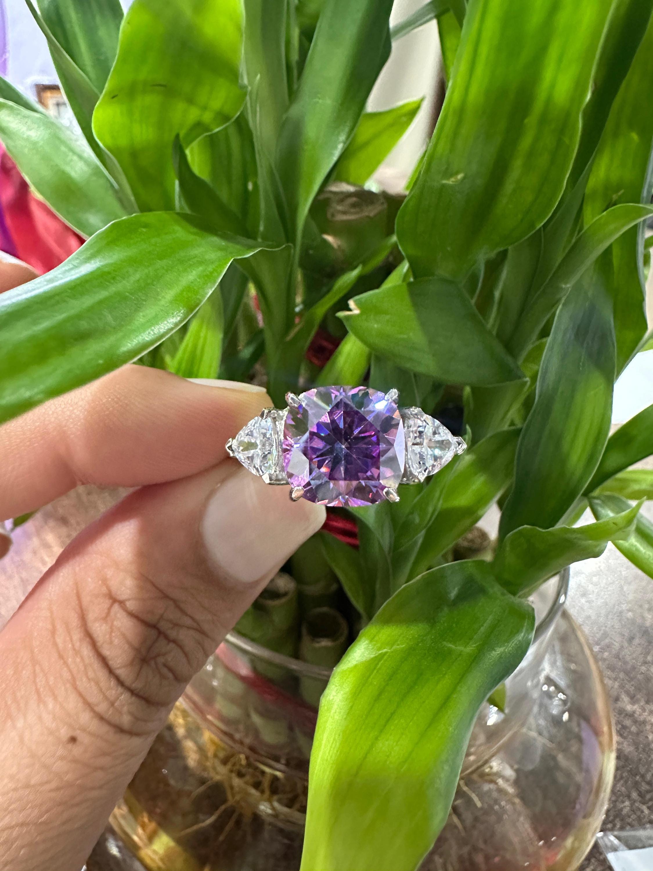 Cushion Cut Purple Moissanite Ring | 14k White Gold, Christmas Gift for her