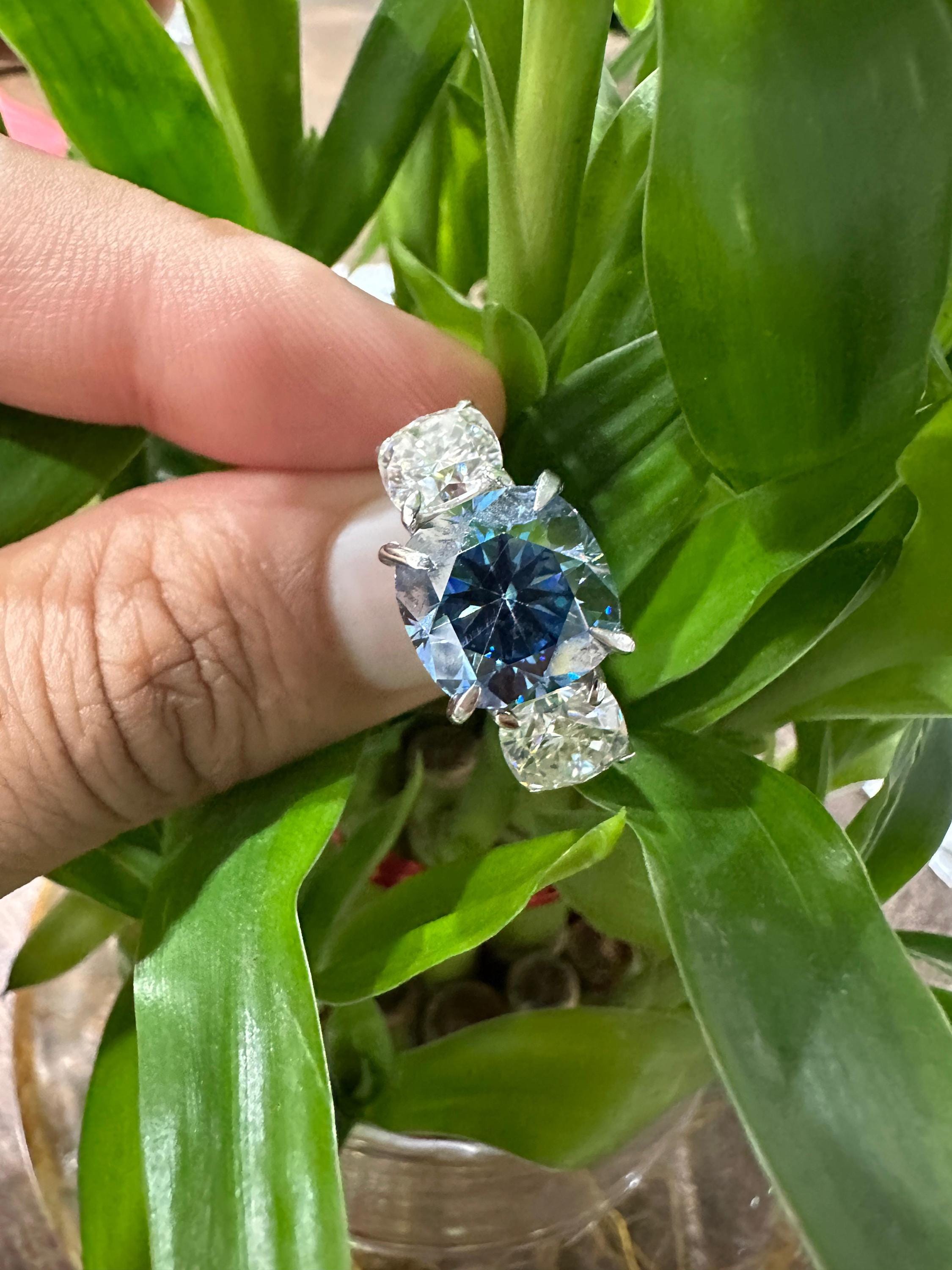 10 Ct Blue Cushion Moissanite Three-Stone Engagement Ring | 14k Gold | Modern Wedding Ring