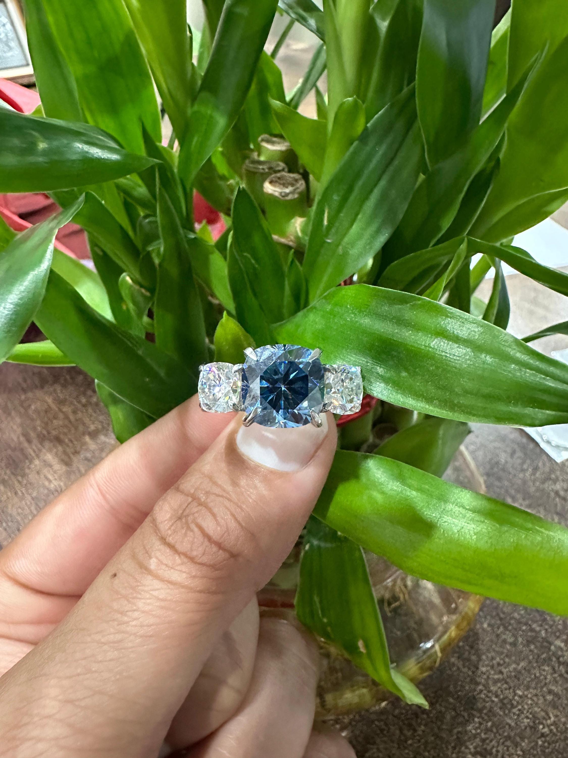 Blue Cushion Cut Moissanite Engagement Ring | 14K White Gold Three Stone Proposal Ring