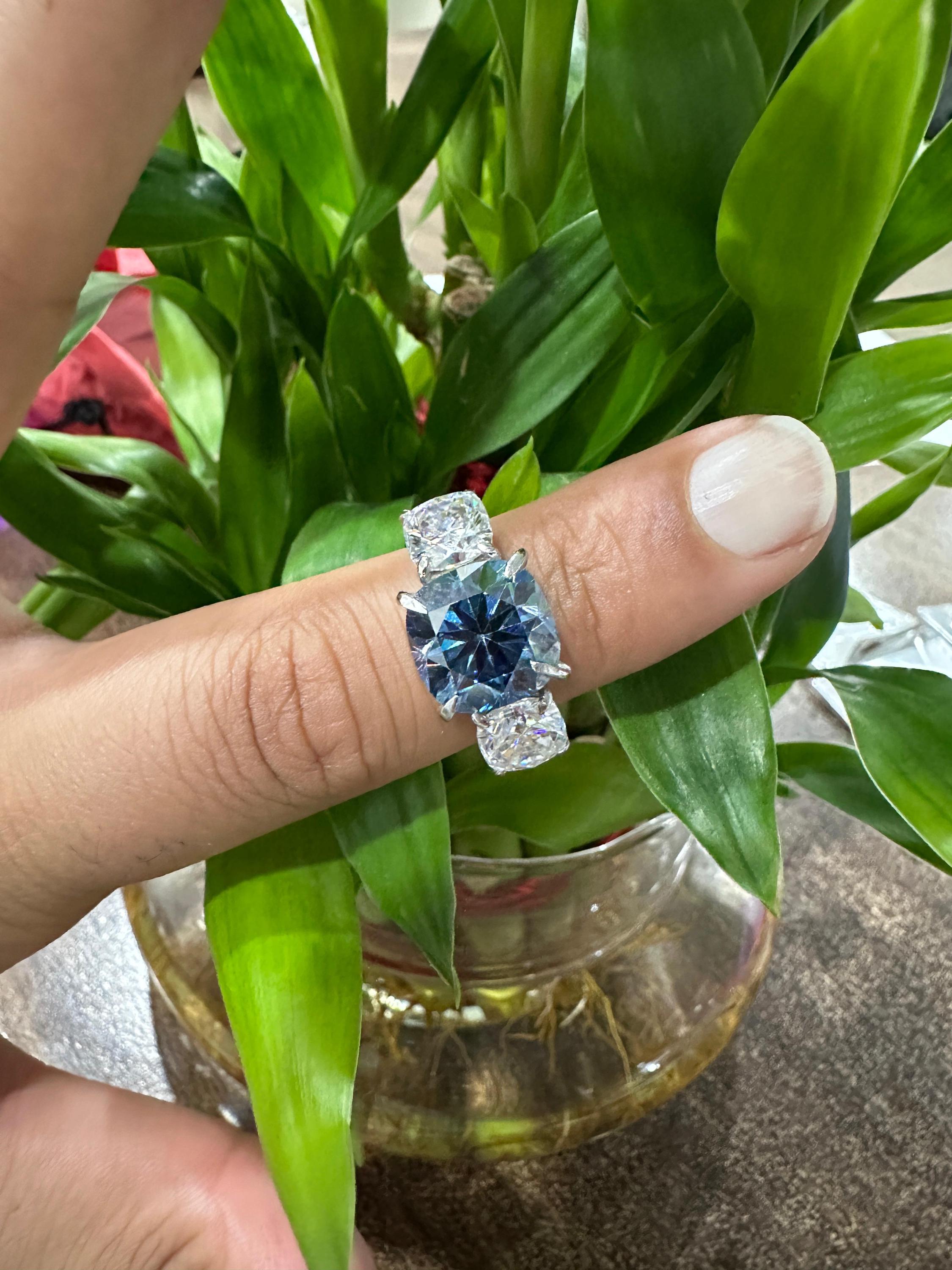 10 Ct Blue Cushion Moissanite Three-Stone Engagement Ring | 14k Gold | Modern Wedding Ring