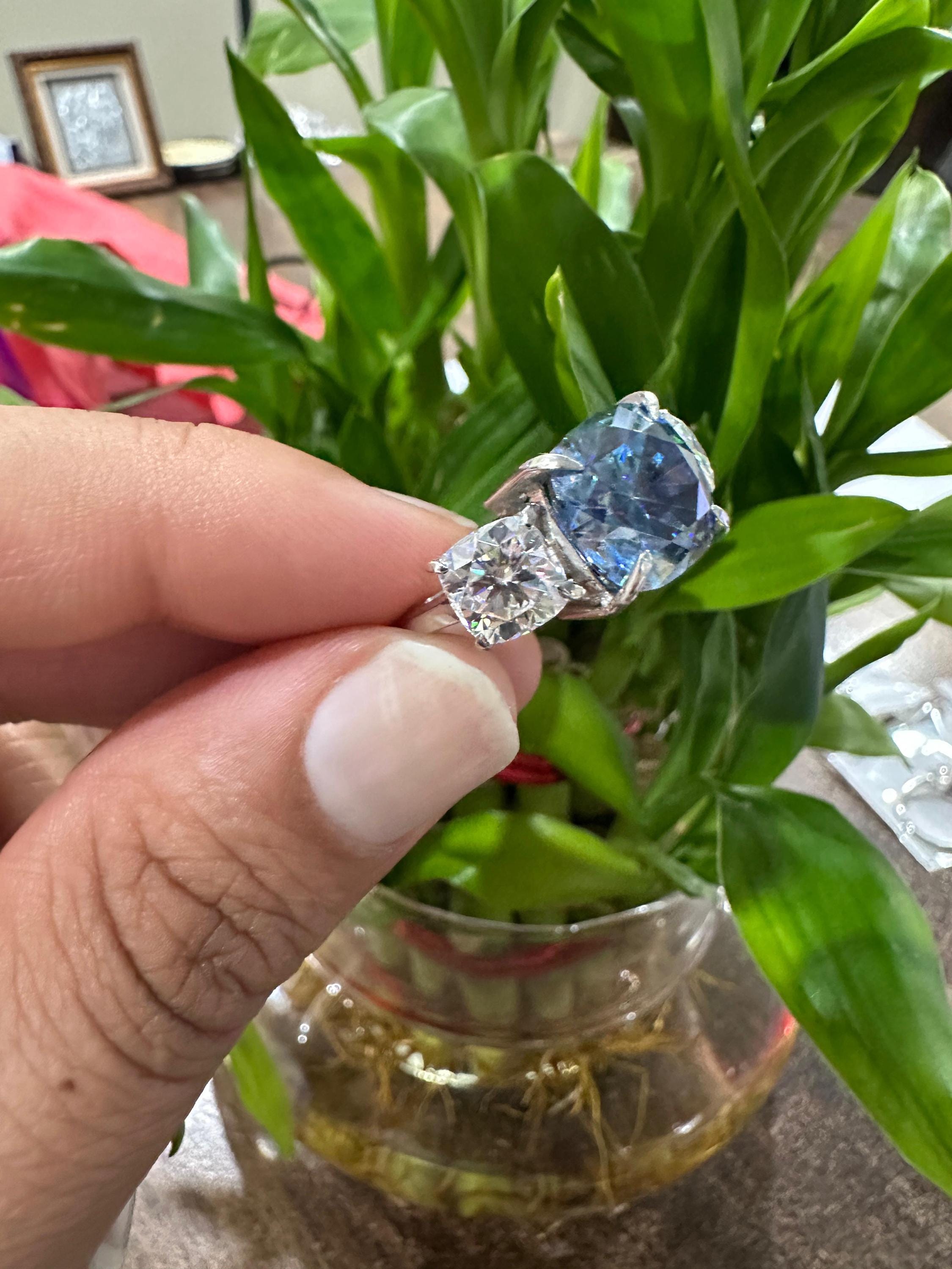 Blue Cushion Cut Moissanite Engagement Ring | 14K White Gold Three Stone Proposal Ring