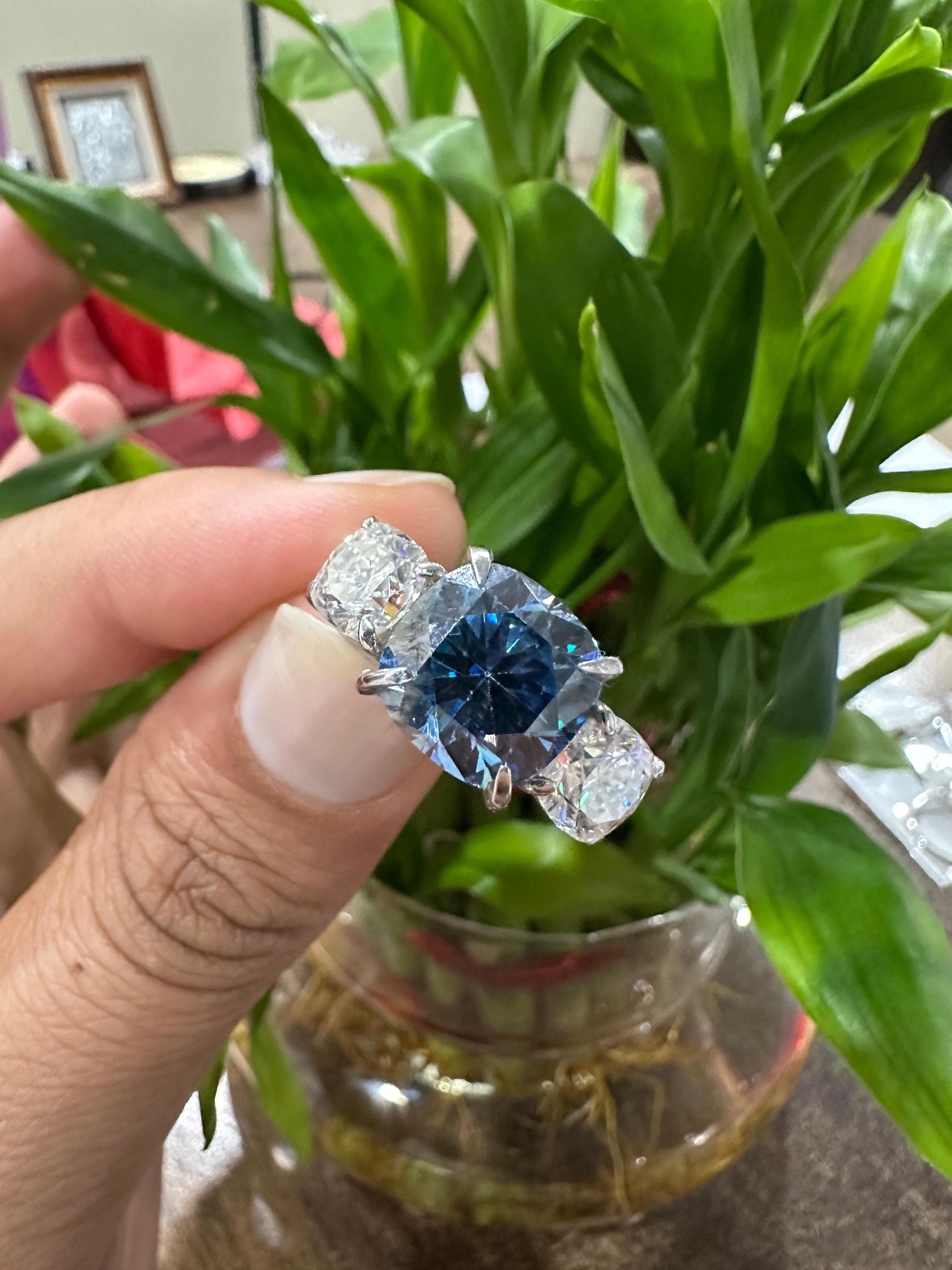 10 Ct Blue Cushion Moissanite Three-Stone Engagement Ring | 14k Gold | Modern Wedding Ring
