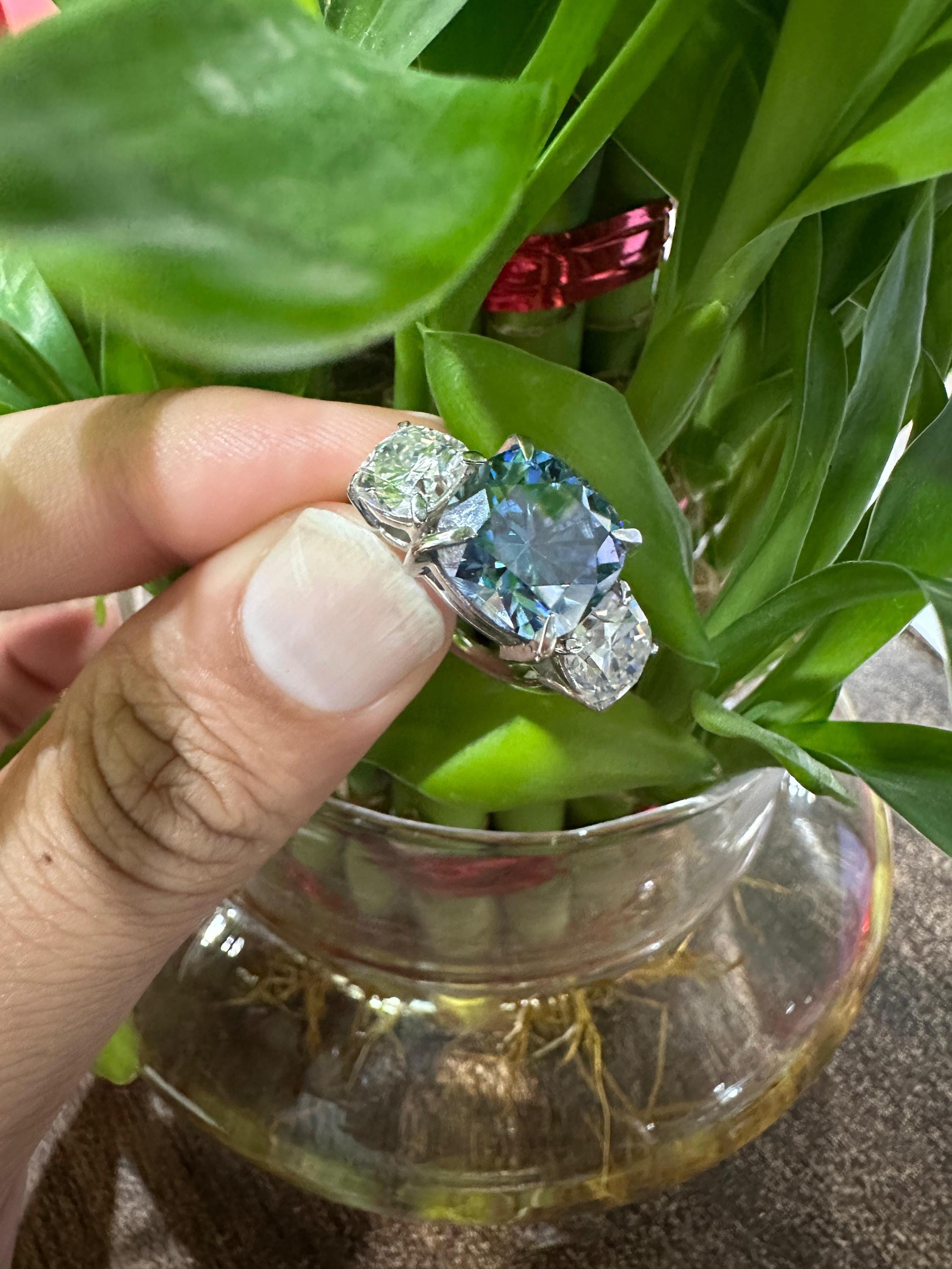 10 Ct Blue Cushion Moissanite Three-Stone Engagement Ring | 14k Gold | Modern Wedding Ring
