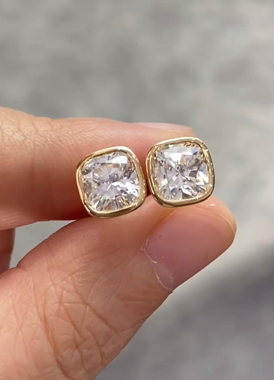 14k Gold Cushion Moissanite Stud Earrings | Bezel Set, Birthday Gift for her