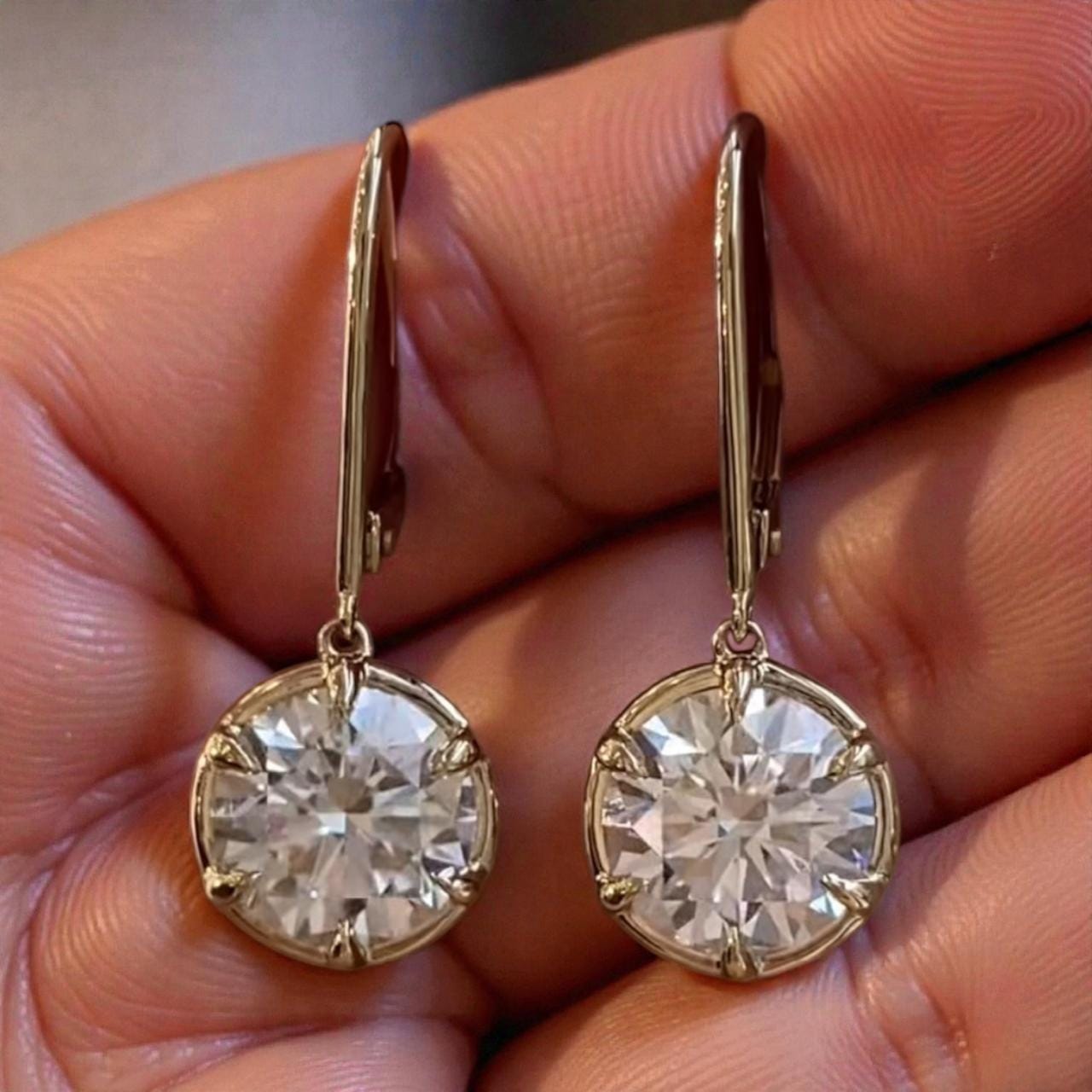 14k Gold Moissanite Drop Earrings | Round Brilliant Cut 2 Ct Dangle Jewelry