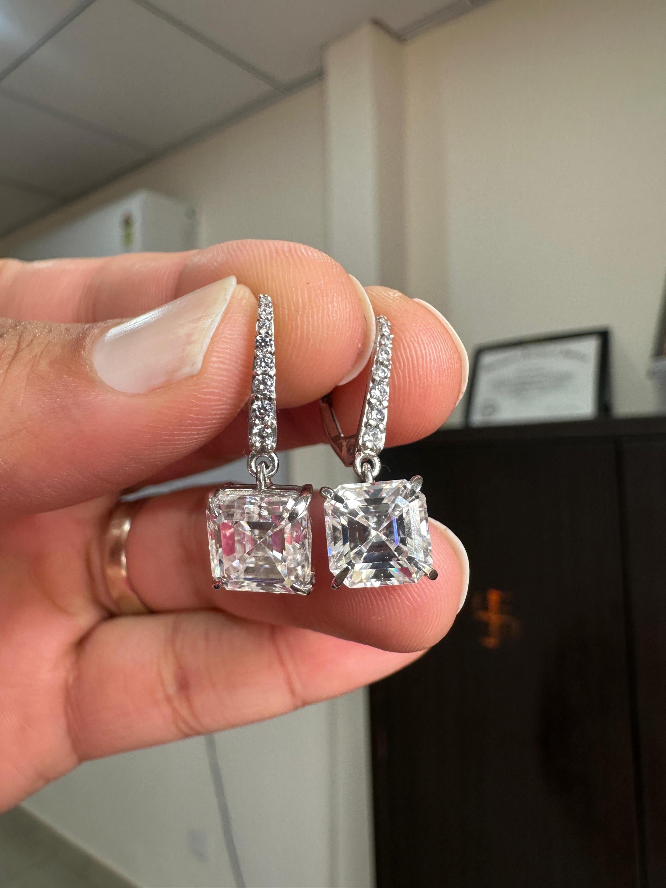14k White Gold Asscher Moissanite Dangle Drop Earrings | Luxury Diamond Look Earrings