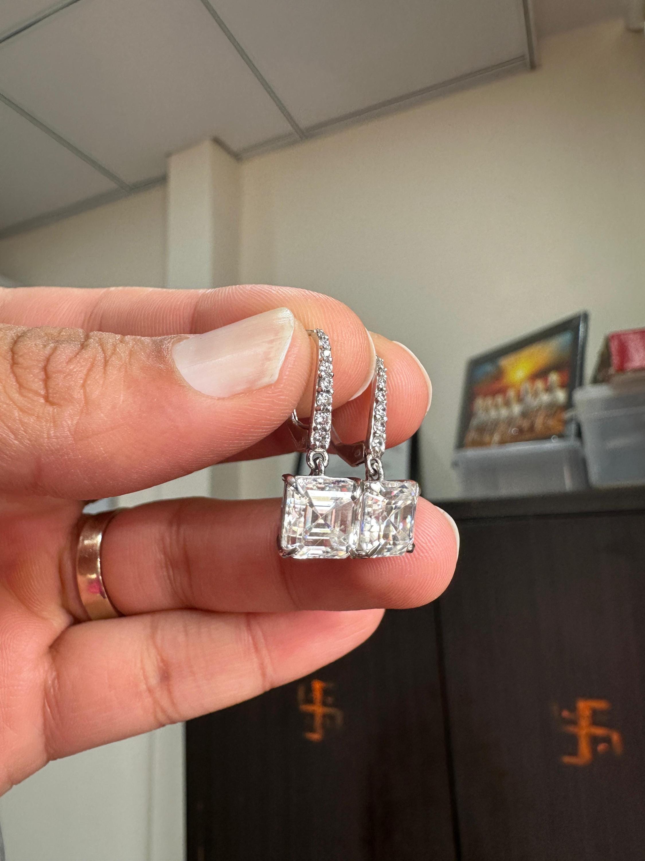 14k White Gold Asscher Moissanite Dangle Drop Earrings | Luxury Diamond Look Earrings