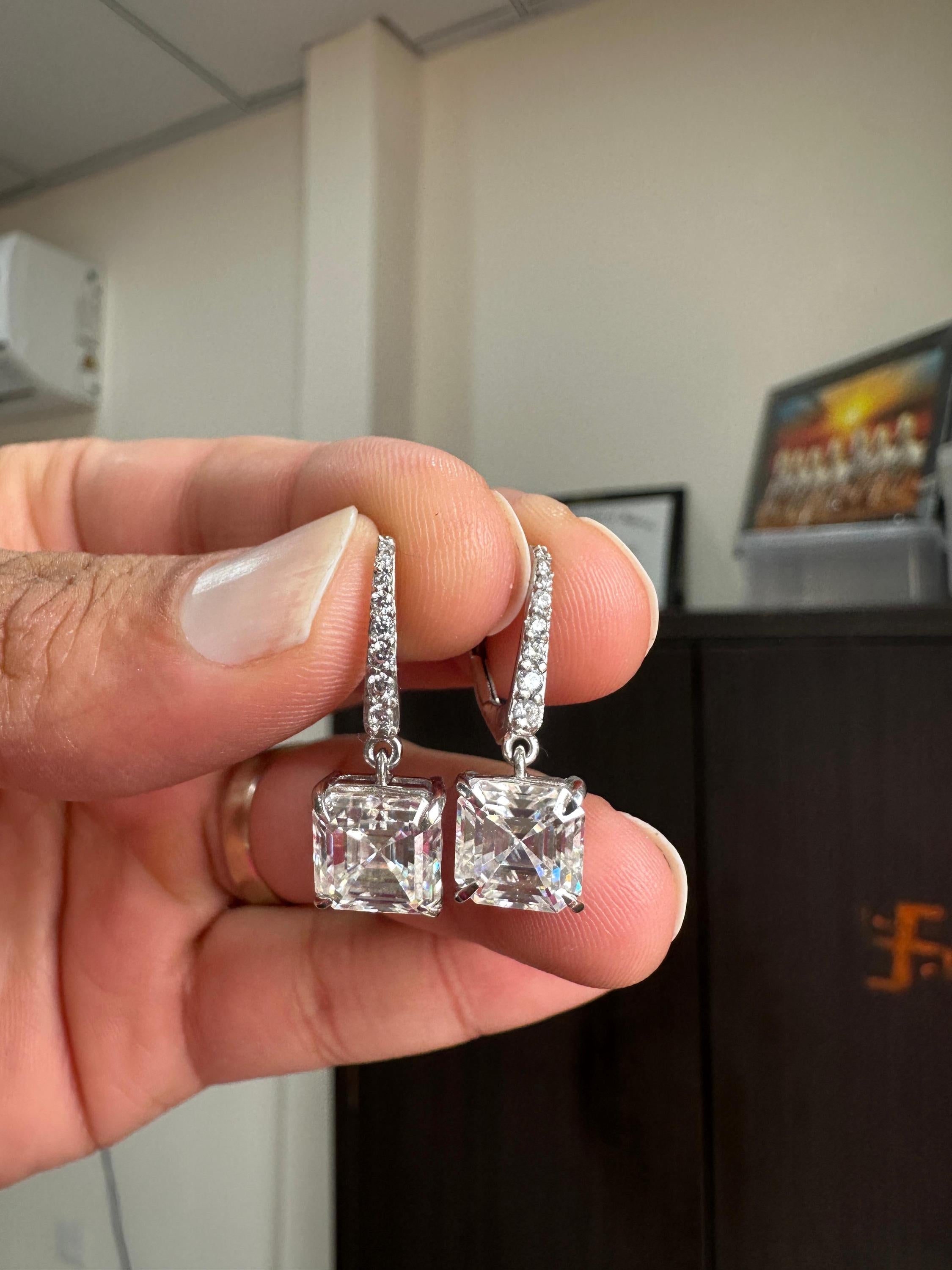 14k White Gold Asscher Moissanite Dangle Drop Earrings | Luxury Diamond Look Earrings