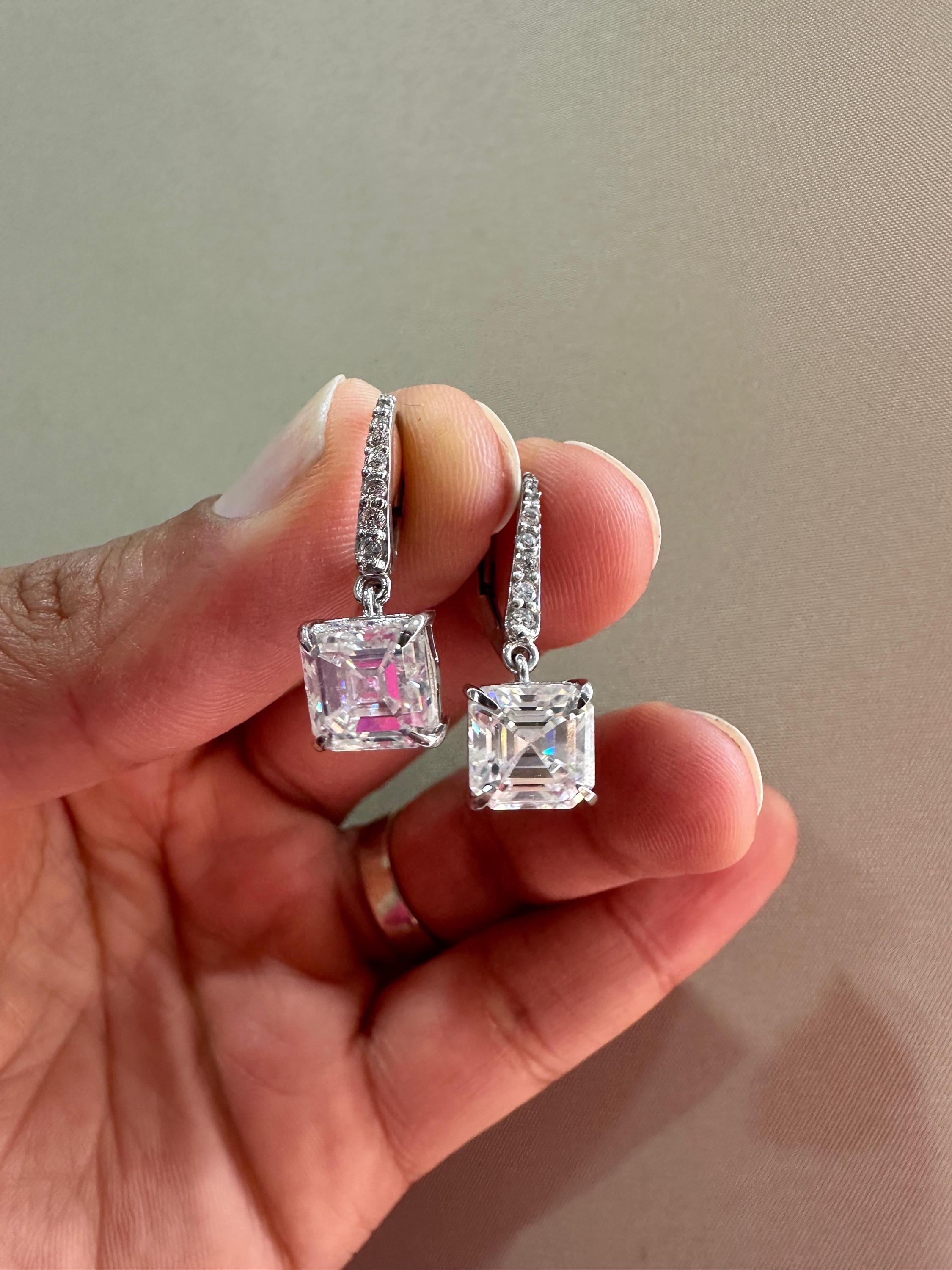 14k White Gold Asscher Moissanite Dangle Drop Earrings | Luxury Diamond Look Earrings