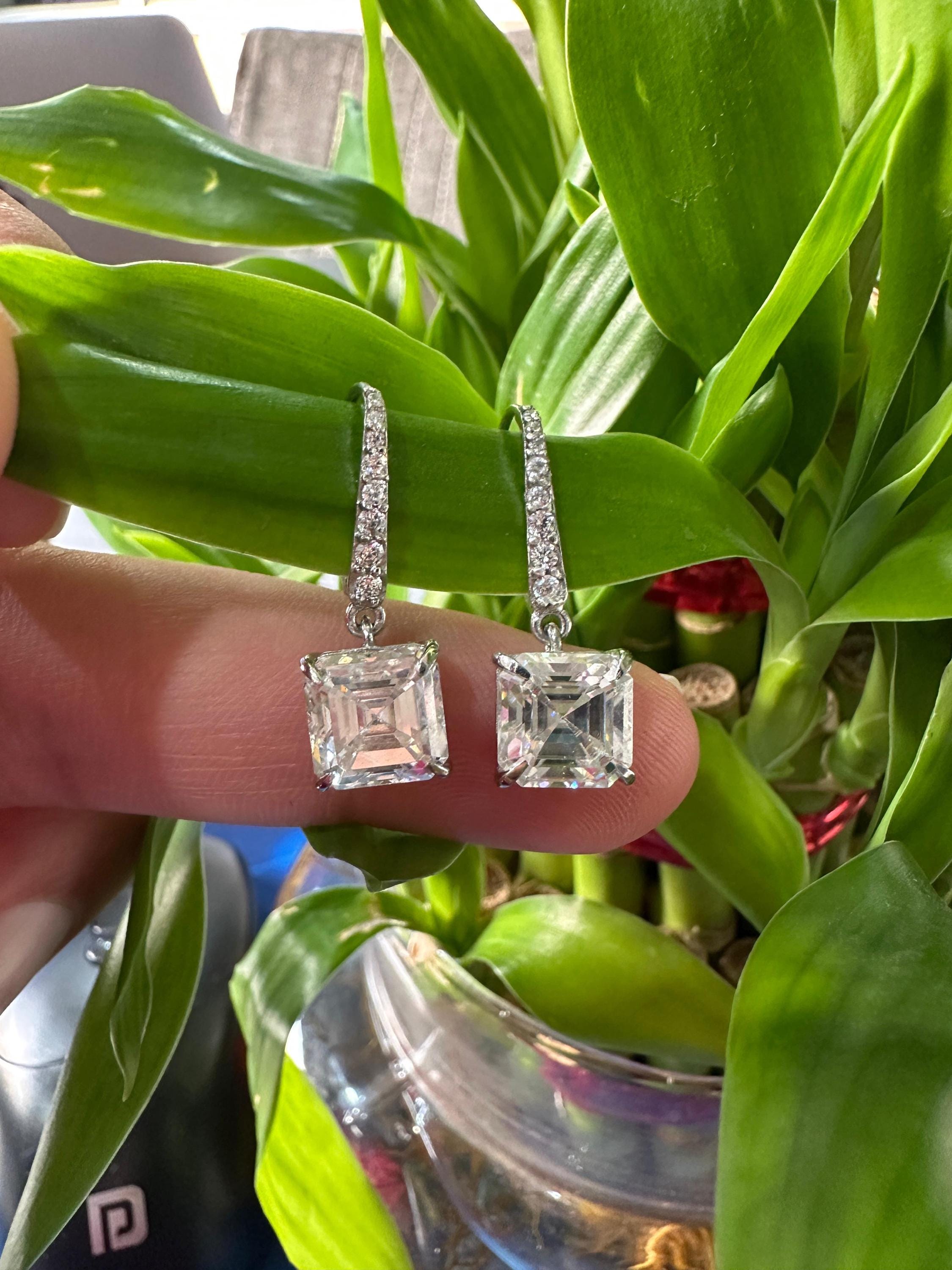 14k White Gold Asscher Moissanite Dangle Drop Earrings | Luxury Diamond Look Earrings