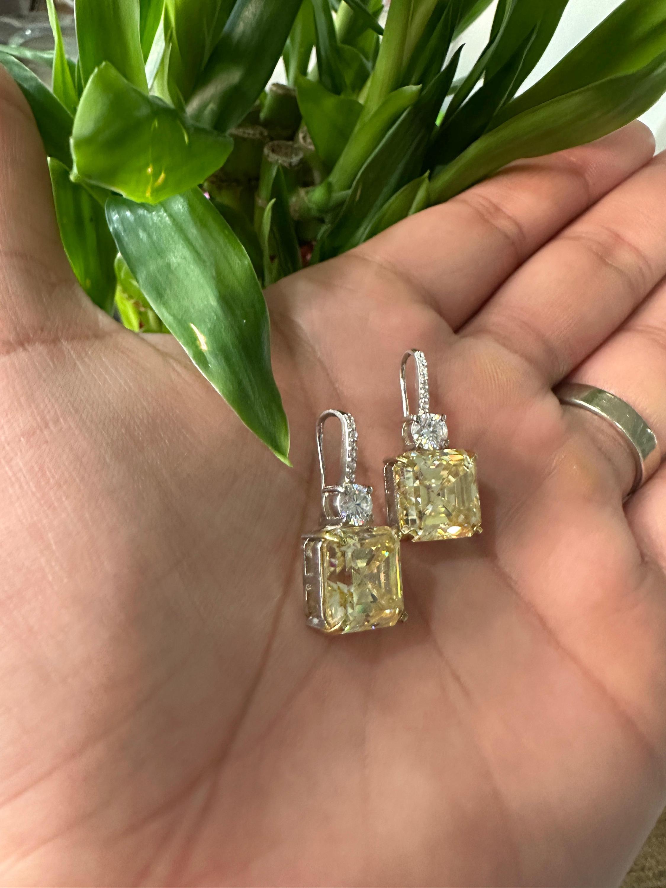 Yellow Moissanite Drop Earrings | Asscher Cut, Sterling Silver Earrings