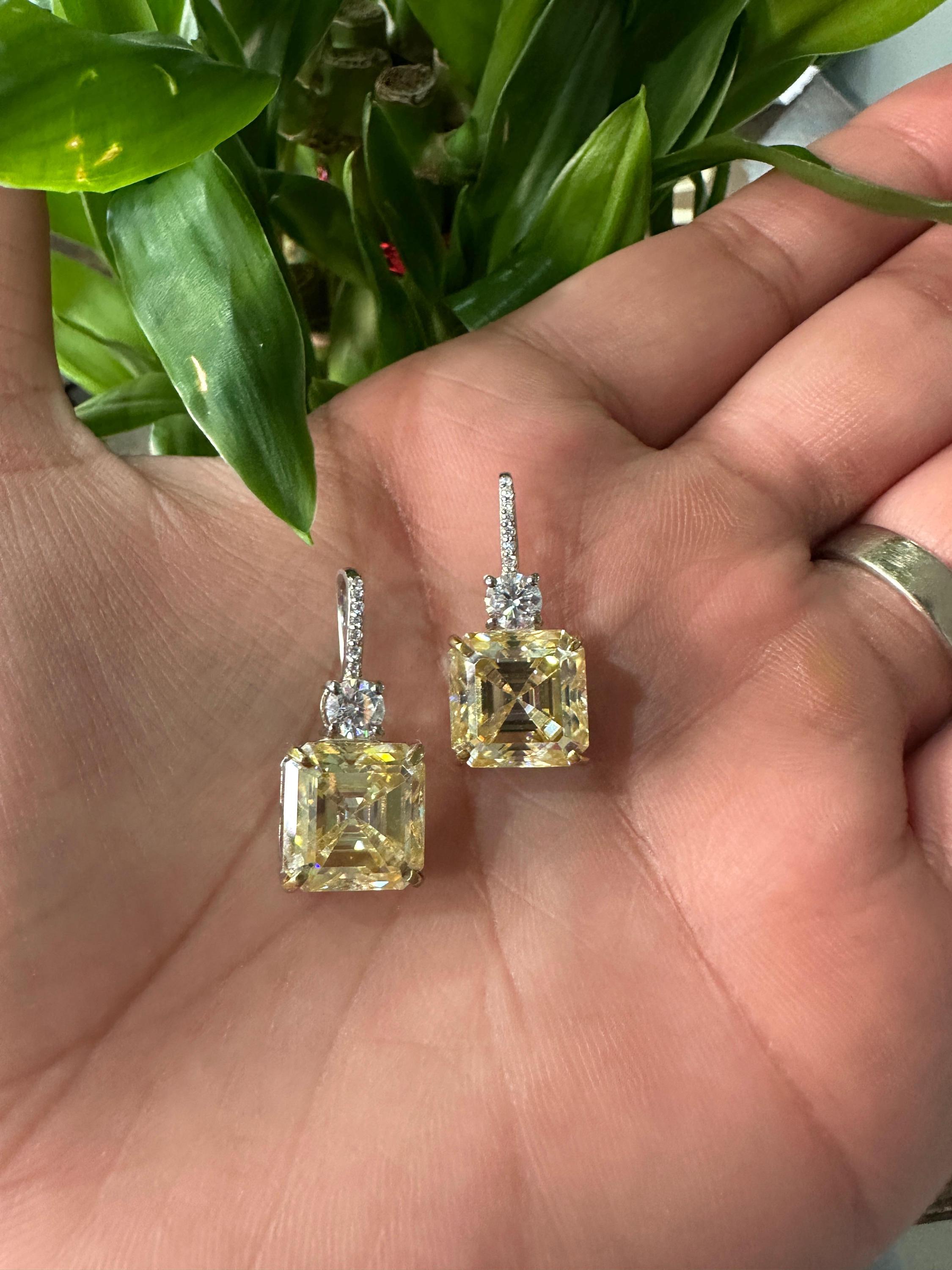 Yellow Moissanite Drop Earrings | Asscher Cut, Sterling Silver Earrings