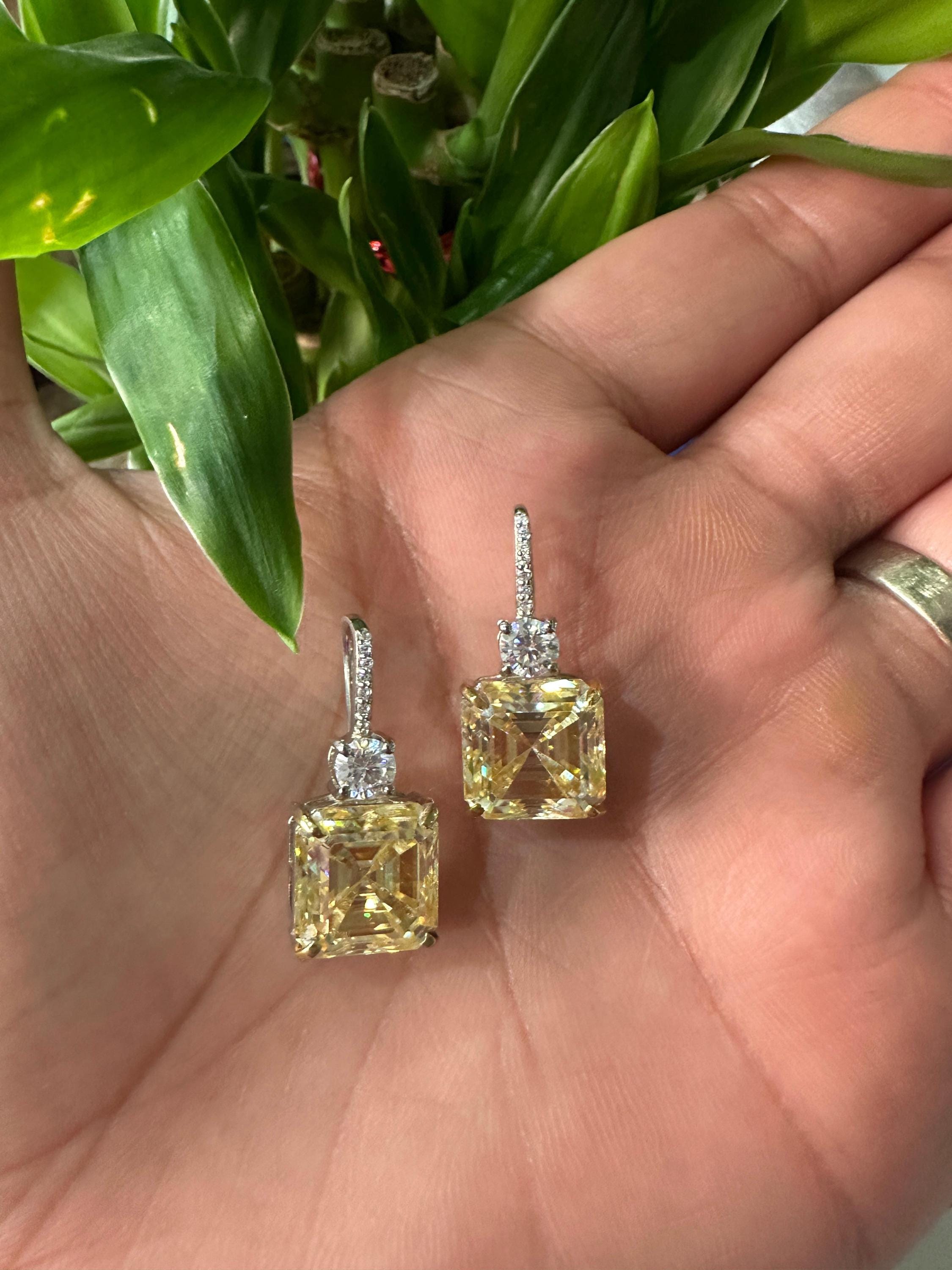 Yellow Moissanite Drop Earrings | Asscher Cut, Sterling Silver Earrings