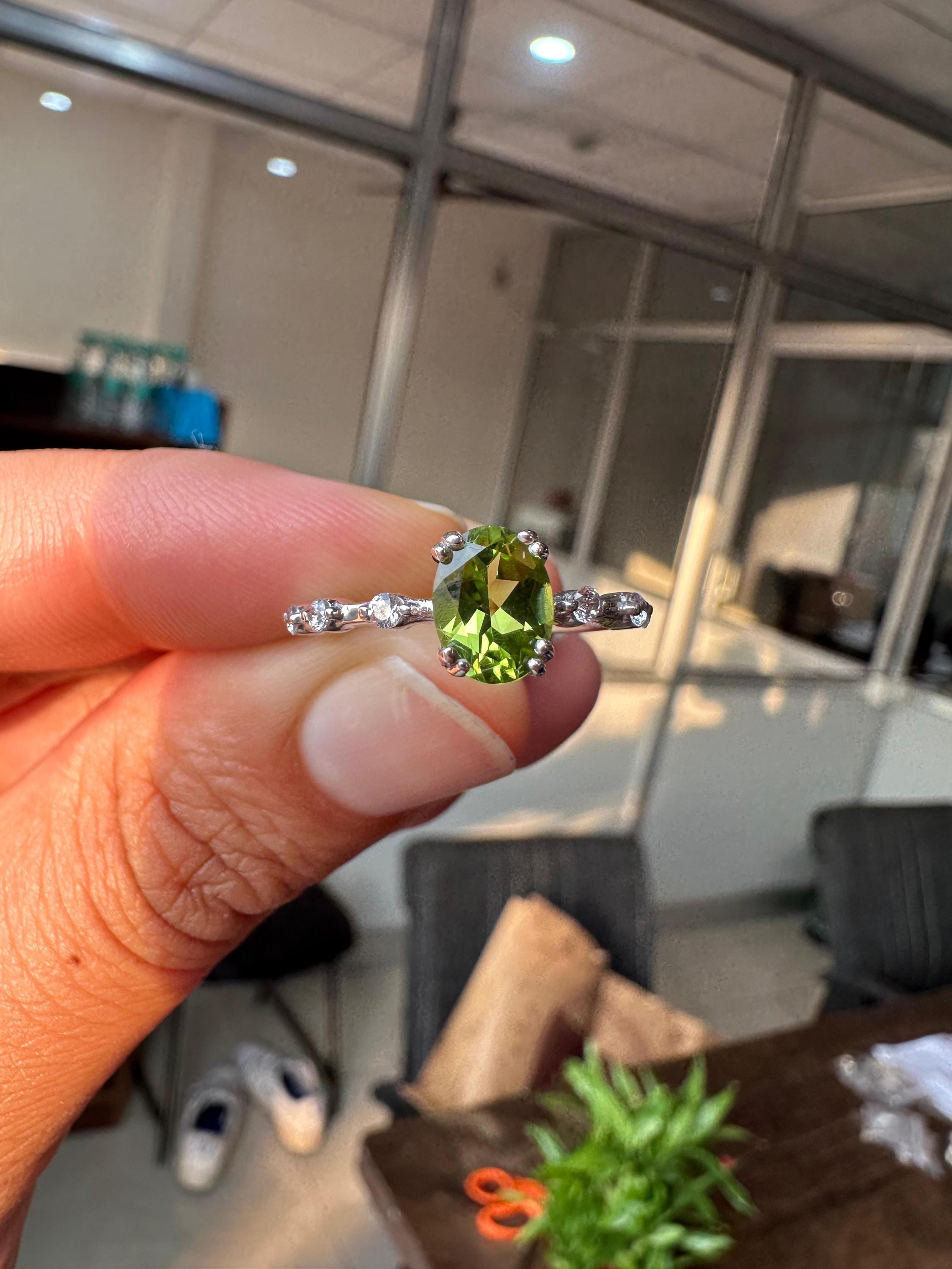 Oval Peridot Moissanite Engagement Ring | 14k White Gold Finish | August Birthstone Jewelry