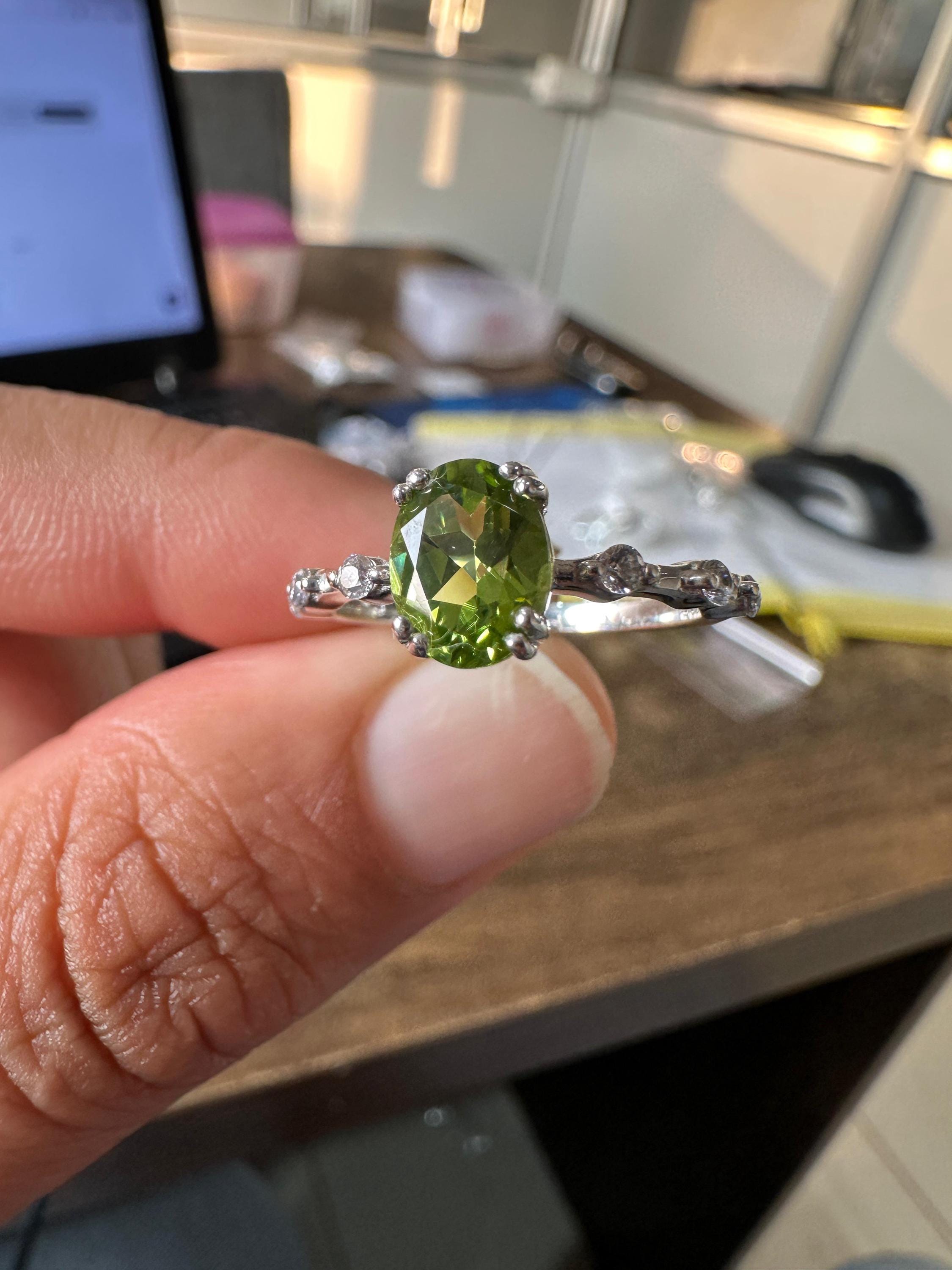 Oval Peridot Moissanite Engagement Ring | 14k White Gold Finish | August Birthstone Jewelry
