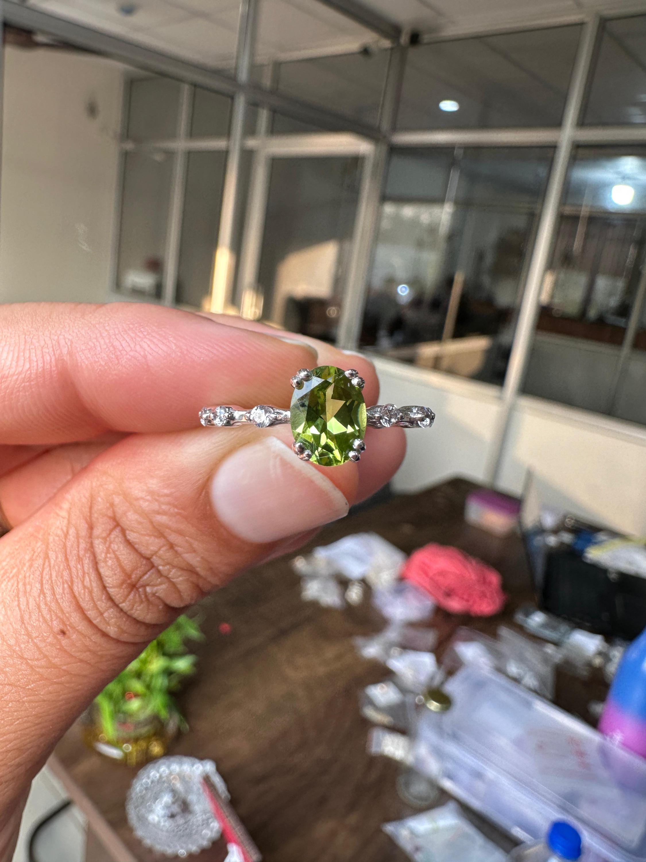 Oval Peridot Moissanite Engagement Ring | 14k White Gold Finish | August Birthstone Jewelry