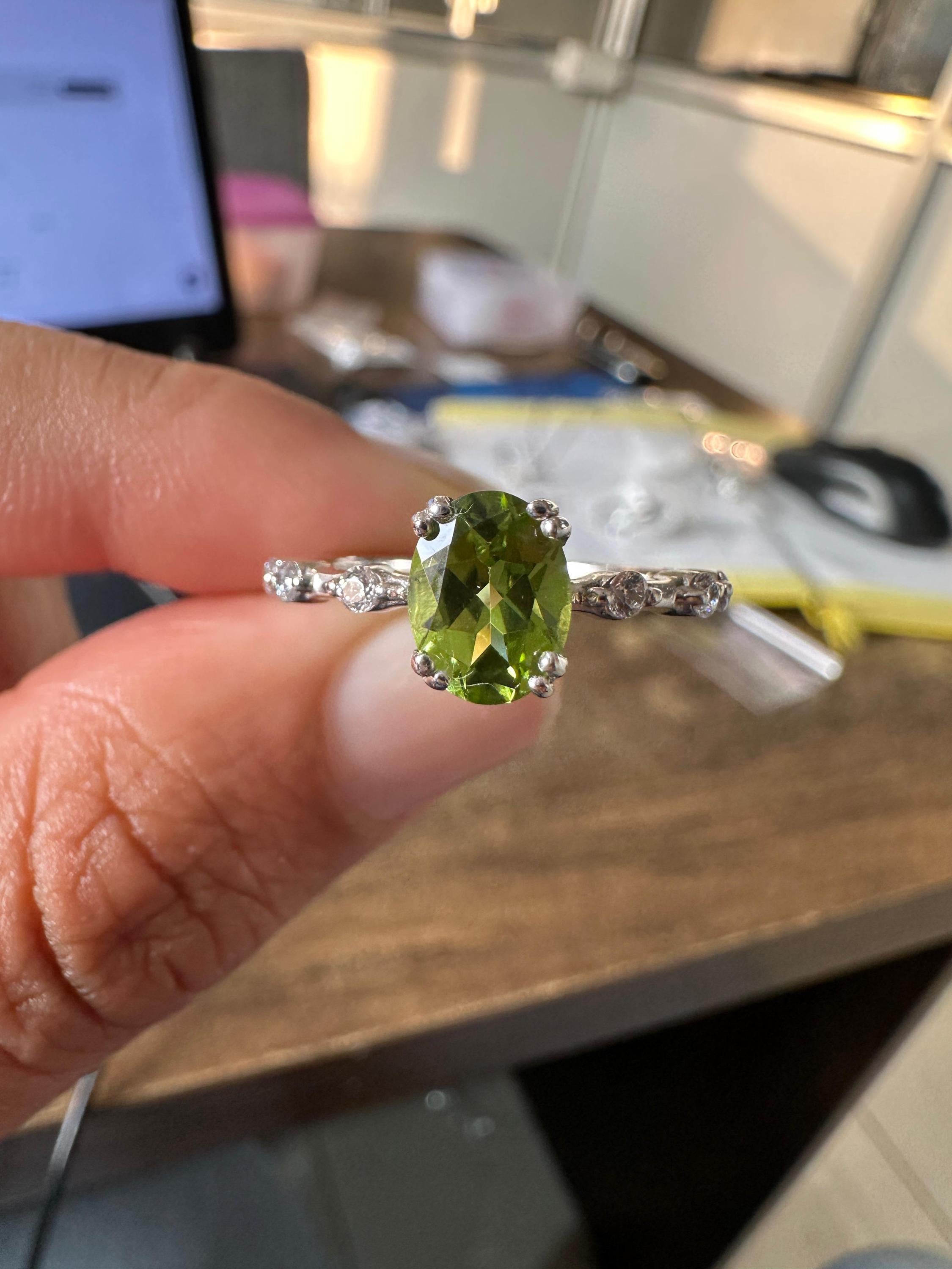 Oval Peridot Moissanite Engagement Ring | 14k White Gold Finish | August Birthstone Jewelry