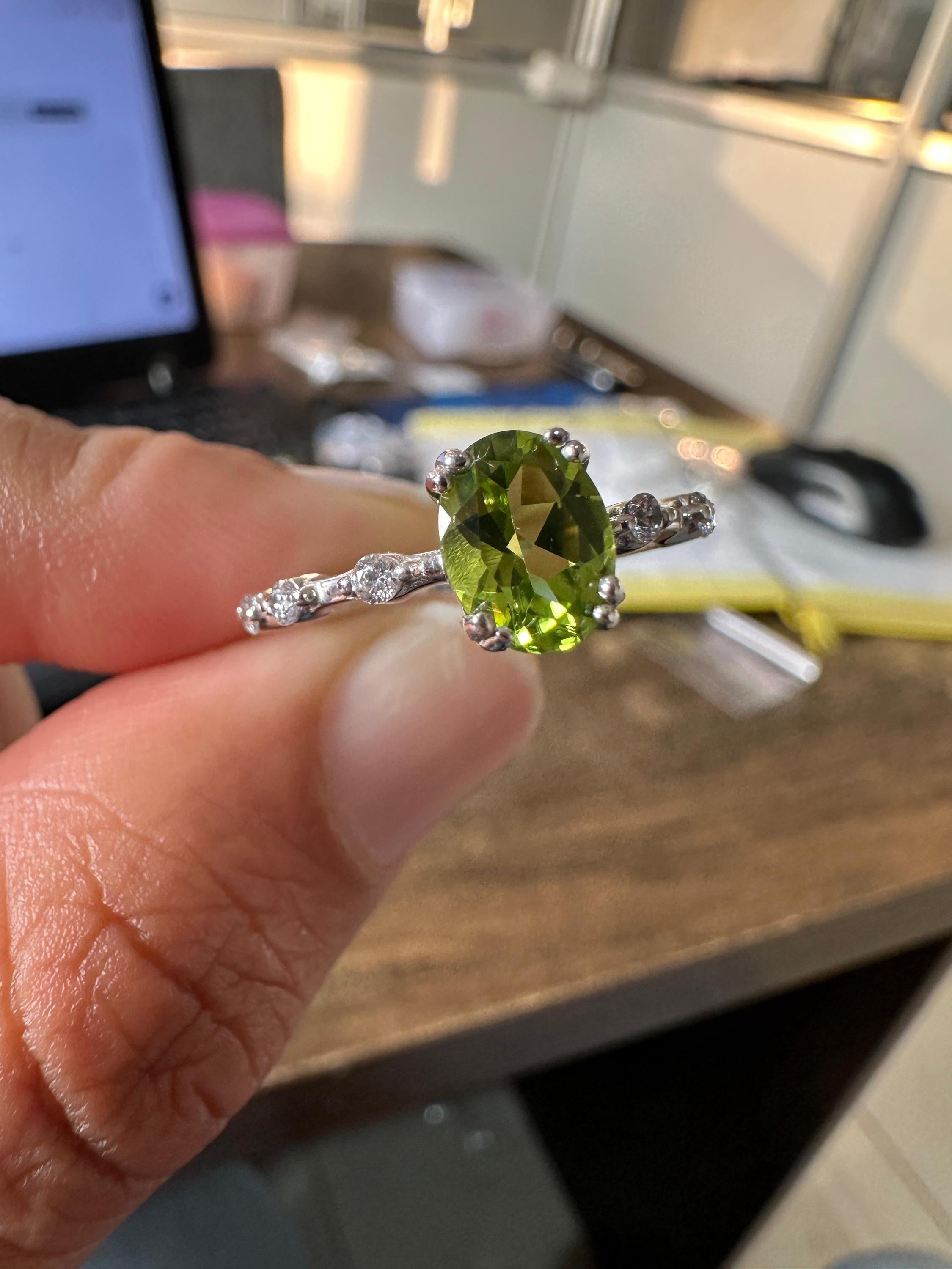 Oval Peridot Moissanite Engagement Ring | 14k White Gold Finish | August Birthstone Jewelry
