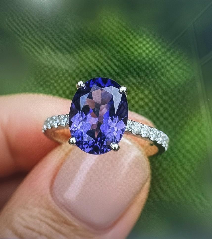 3 CT AAA Tanzanite Engagement Ring, 14K White Gold Diamond Pavé Band