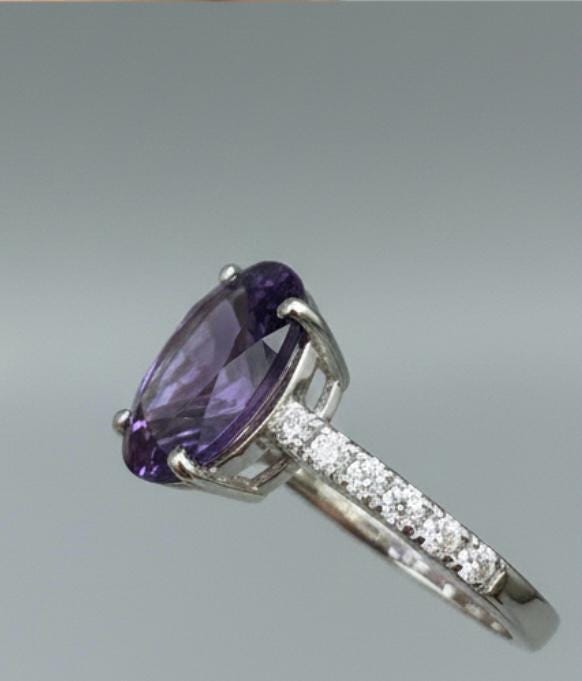 Oval Amethyst Pavé Engagement Ring • 14k White Gold, Modern Promise Ring