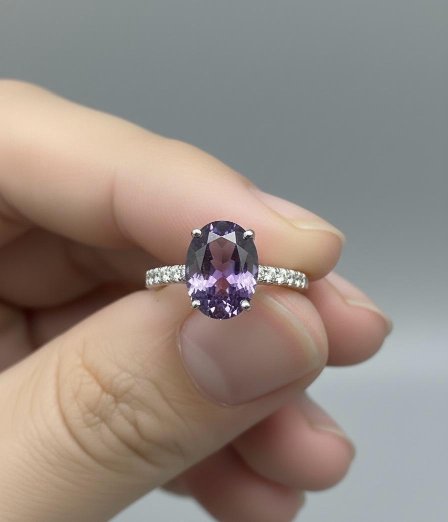 Oval Amethyst Pavé Engagement Ring • 14k White Gold, Modern Promise Ring