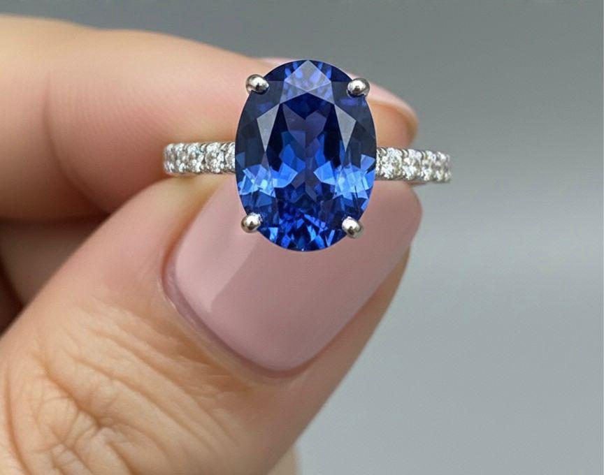 Oval Lab Sapphire Pavé Engagement Ring | 14k White Gold, 3 Ct Blue Promise Ring