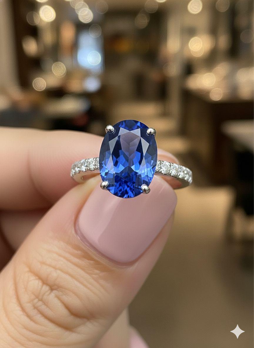 Oval Lab Sapphire Pavé Engagement Ring | 14k White Gold, 3 Ct Blue Promise Ring