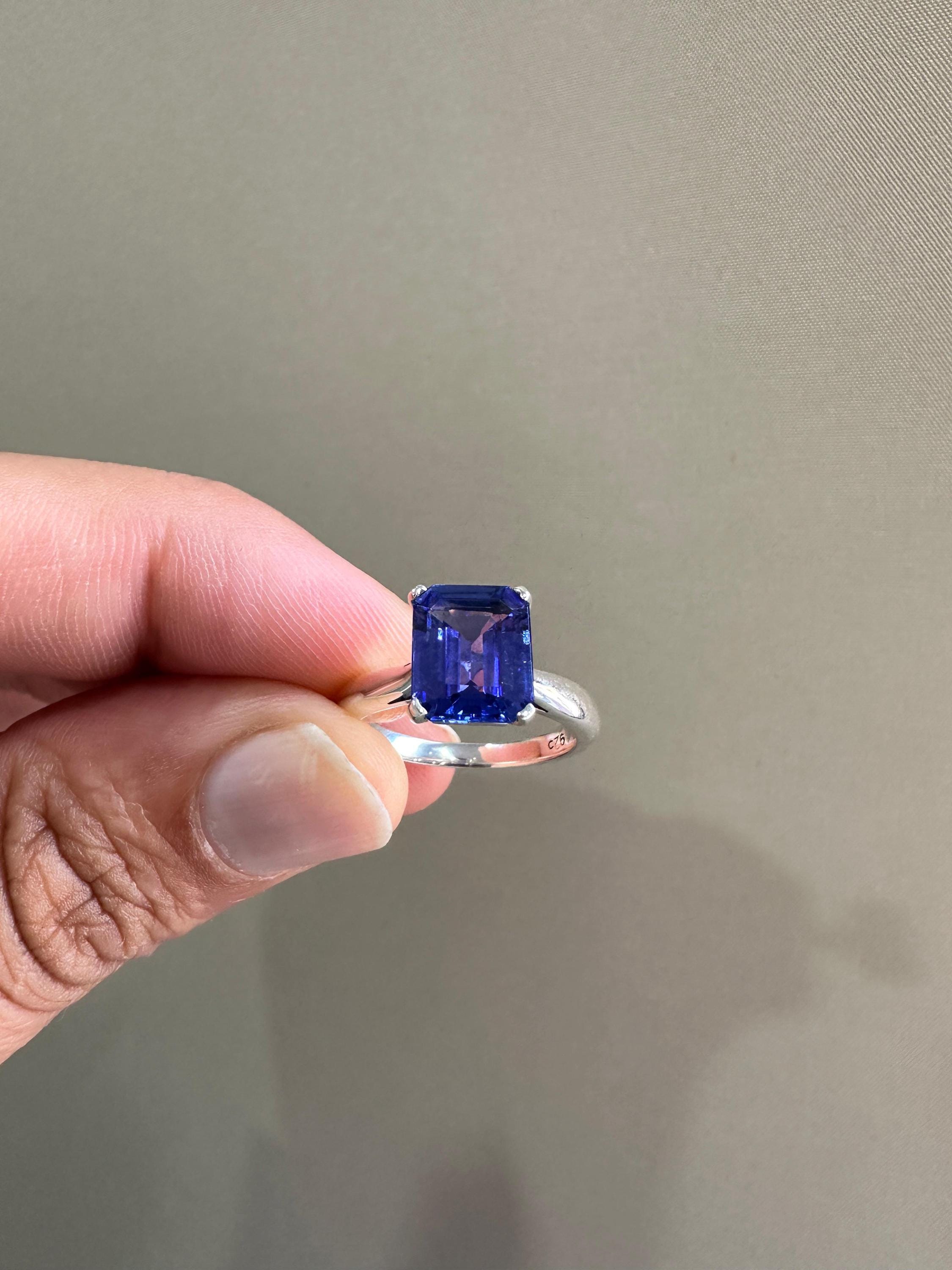 AAAA Tanzanite Engagement Ring | 14k White Gold Emerald Cut Solitaire