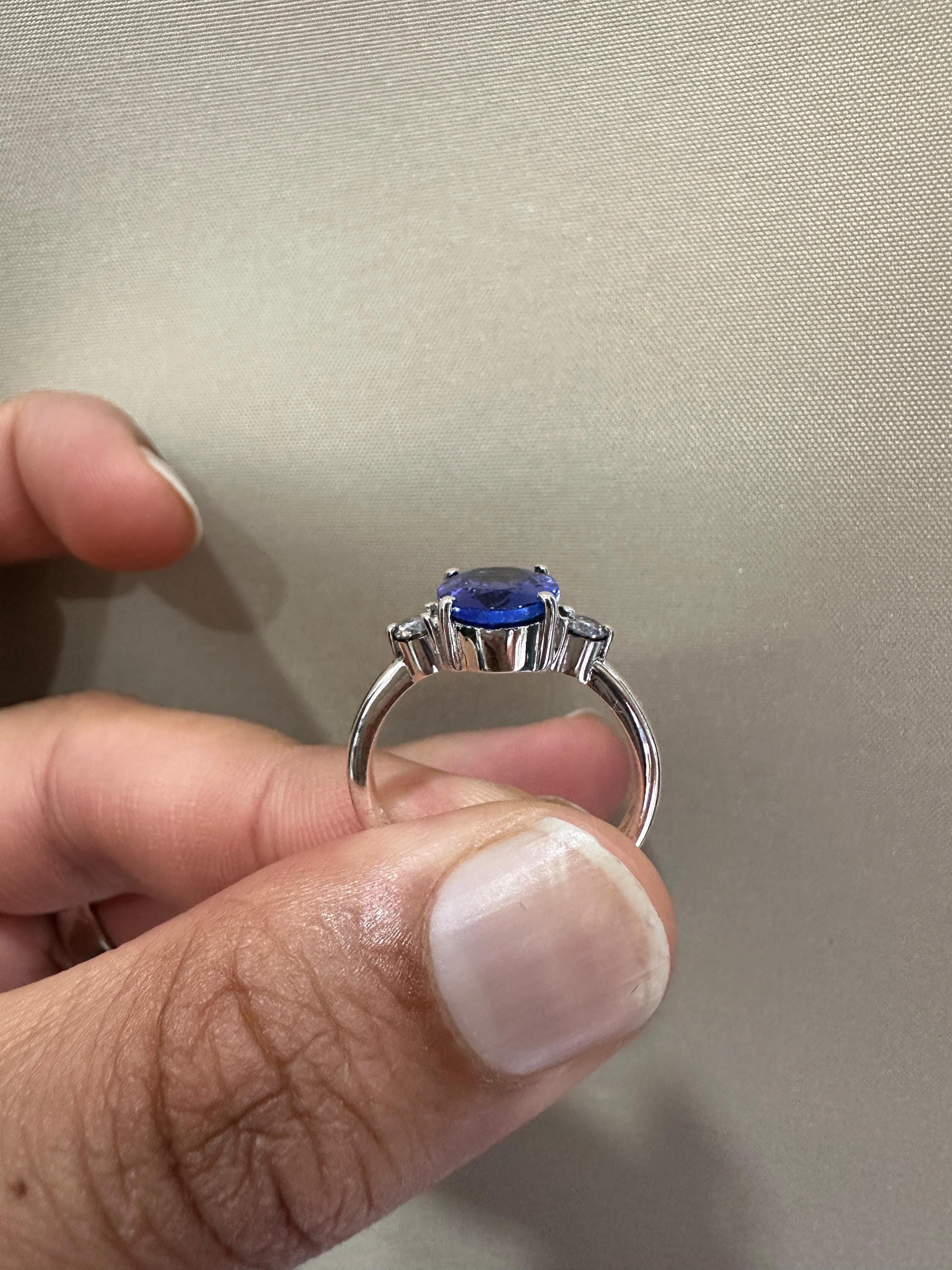 Exceptional Tanzanite Diamond Ring | 14k White Gold, Three Stone Bridal Ring for her