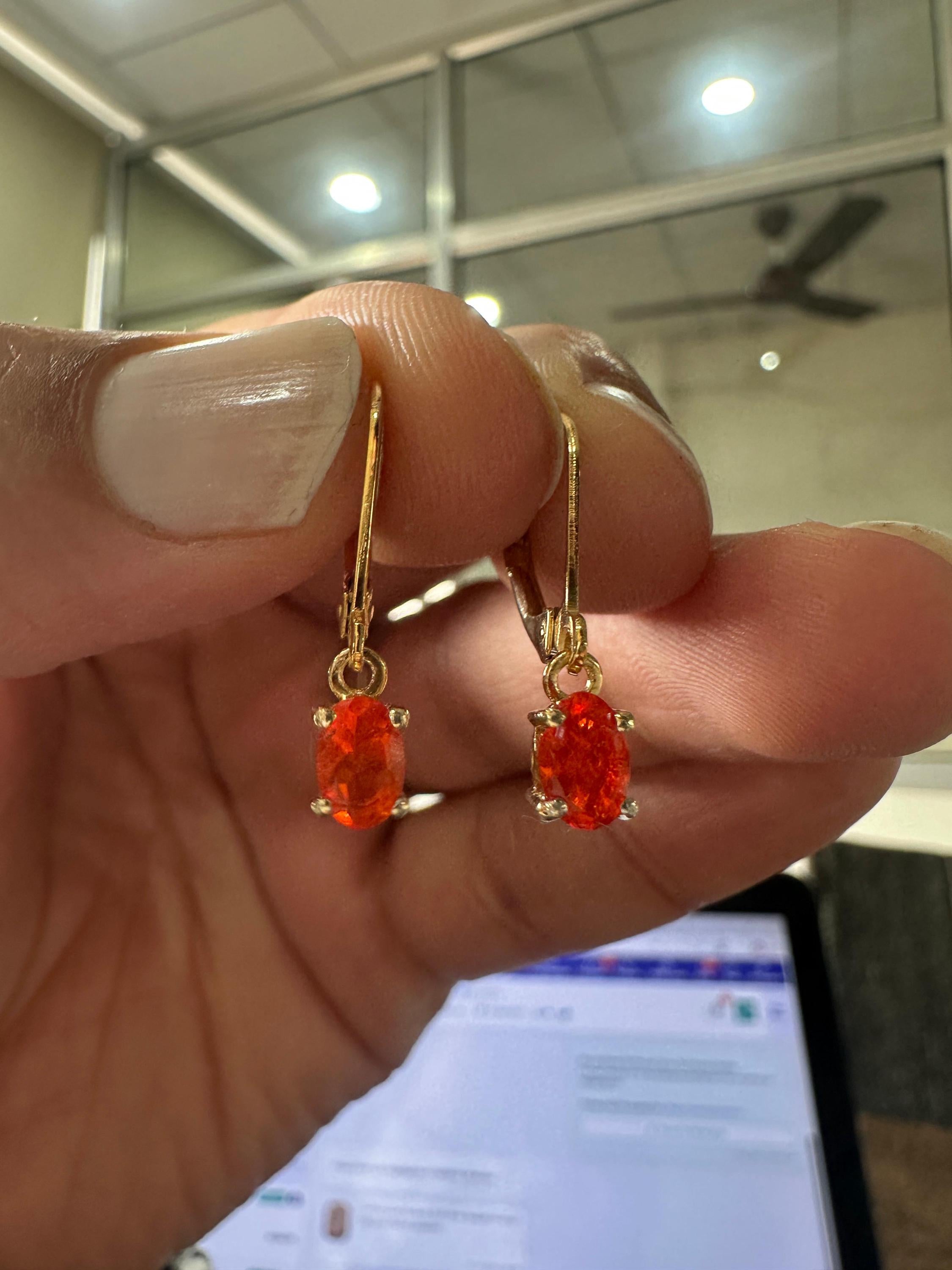 14K Gold Natural Fire Opal Drop Earrings, October Birthstone Lever Back Jewelry