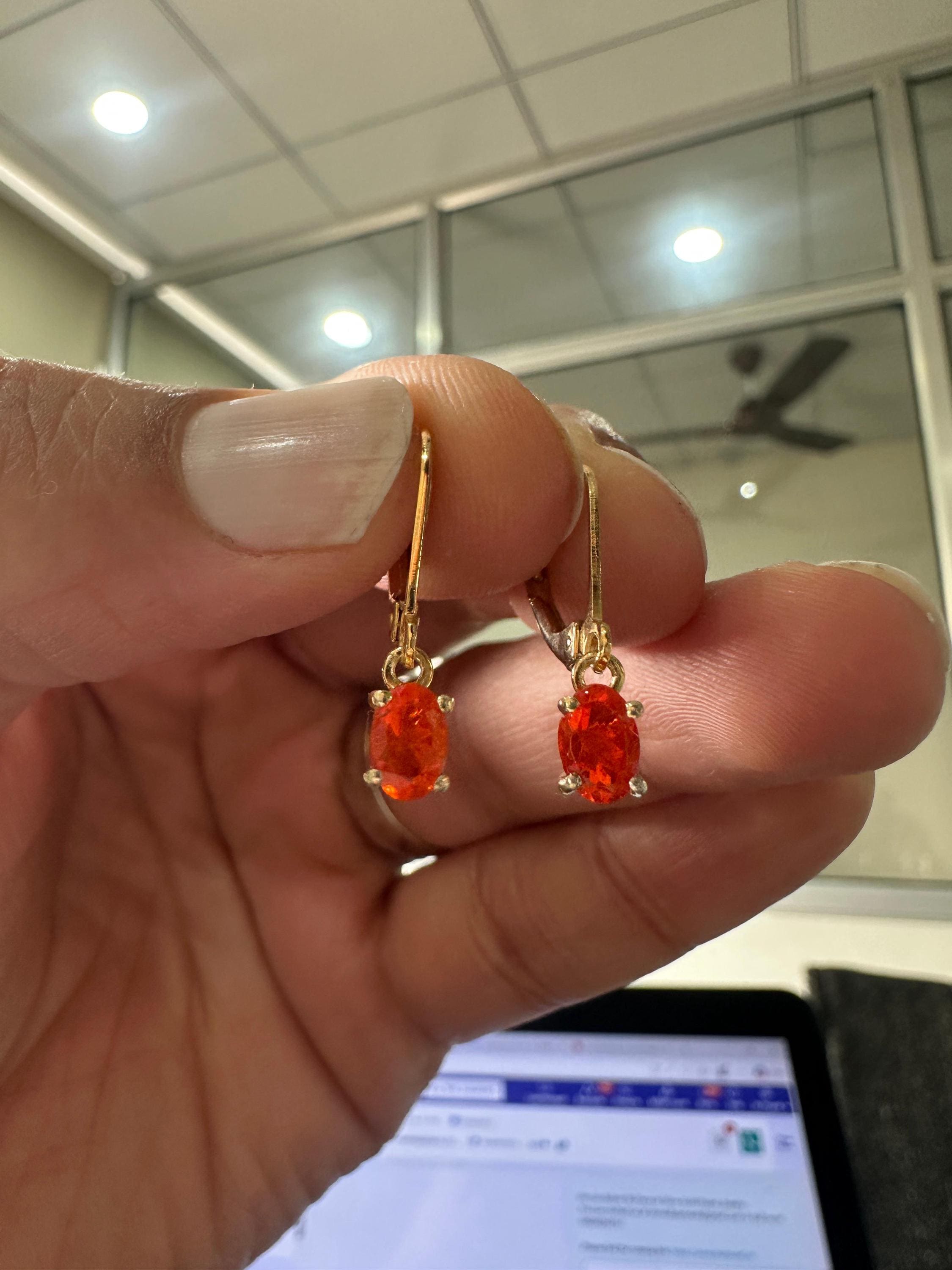 14K Gold Natural Fire Opal Drop Earrings, October Birthstone Lever Back Jewelry