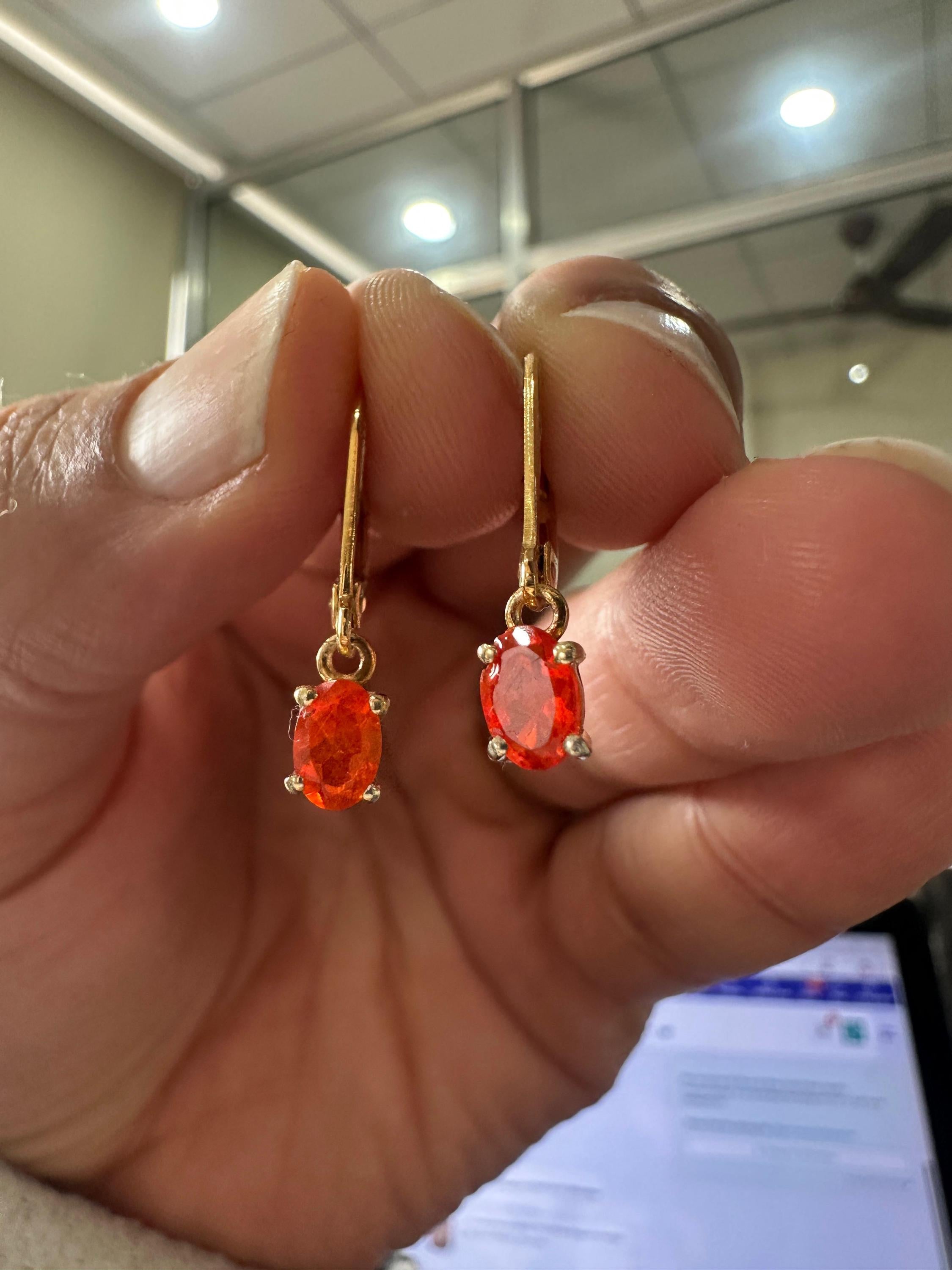 14K Gold Natural Fire Opal Drop Earrings, October Birthstone Lever Back Jewelry