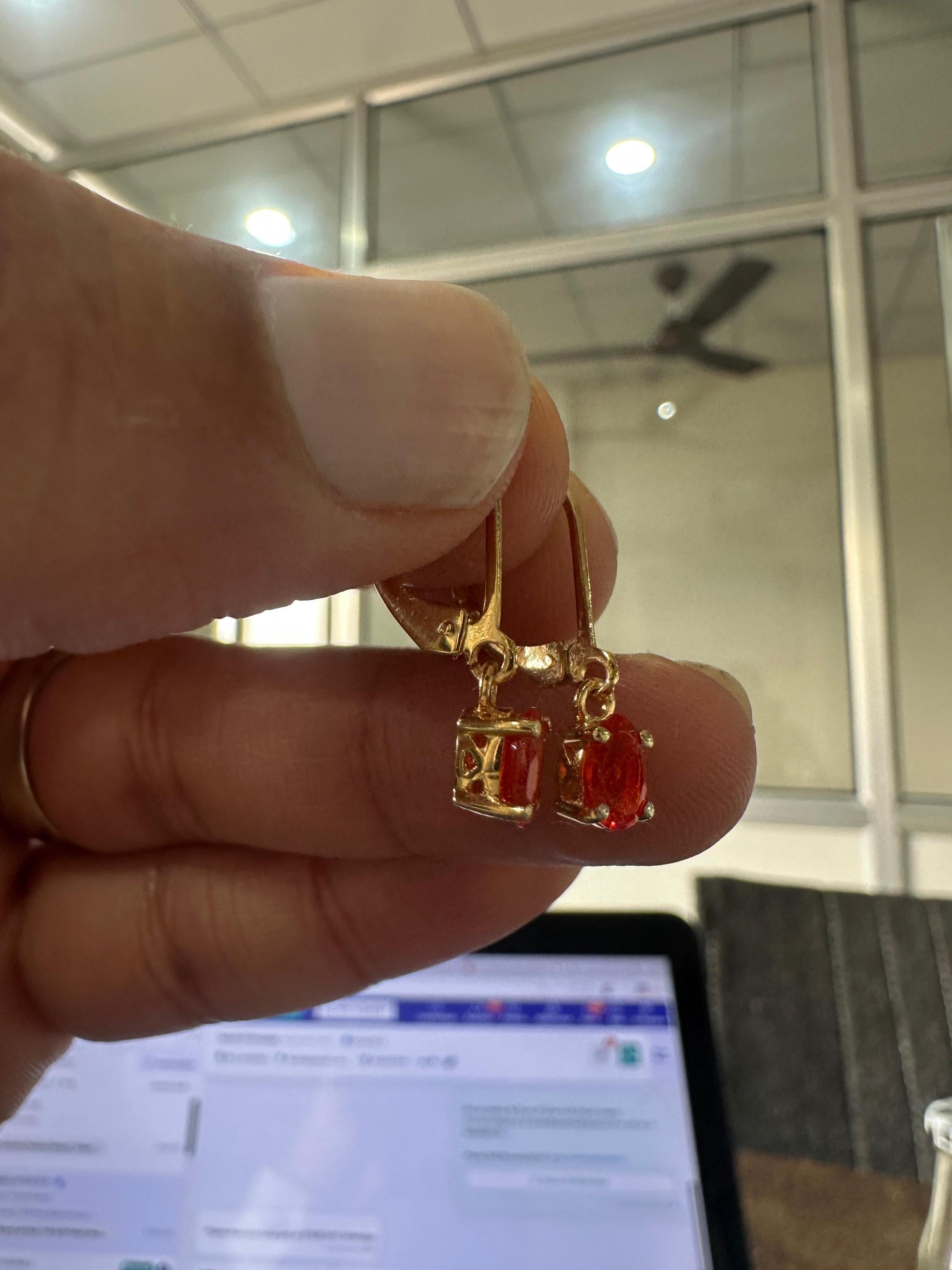 14K Gold Natural Fire Opal Drop Earrings, October Birthstone Lever Back Jewelry