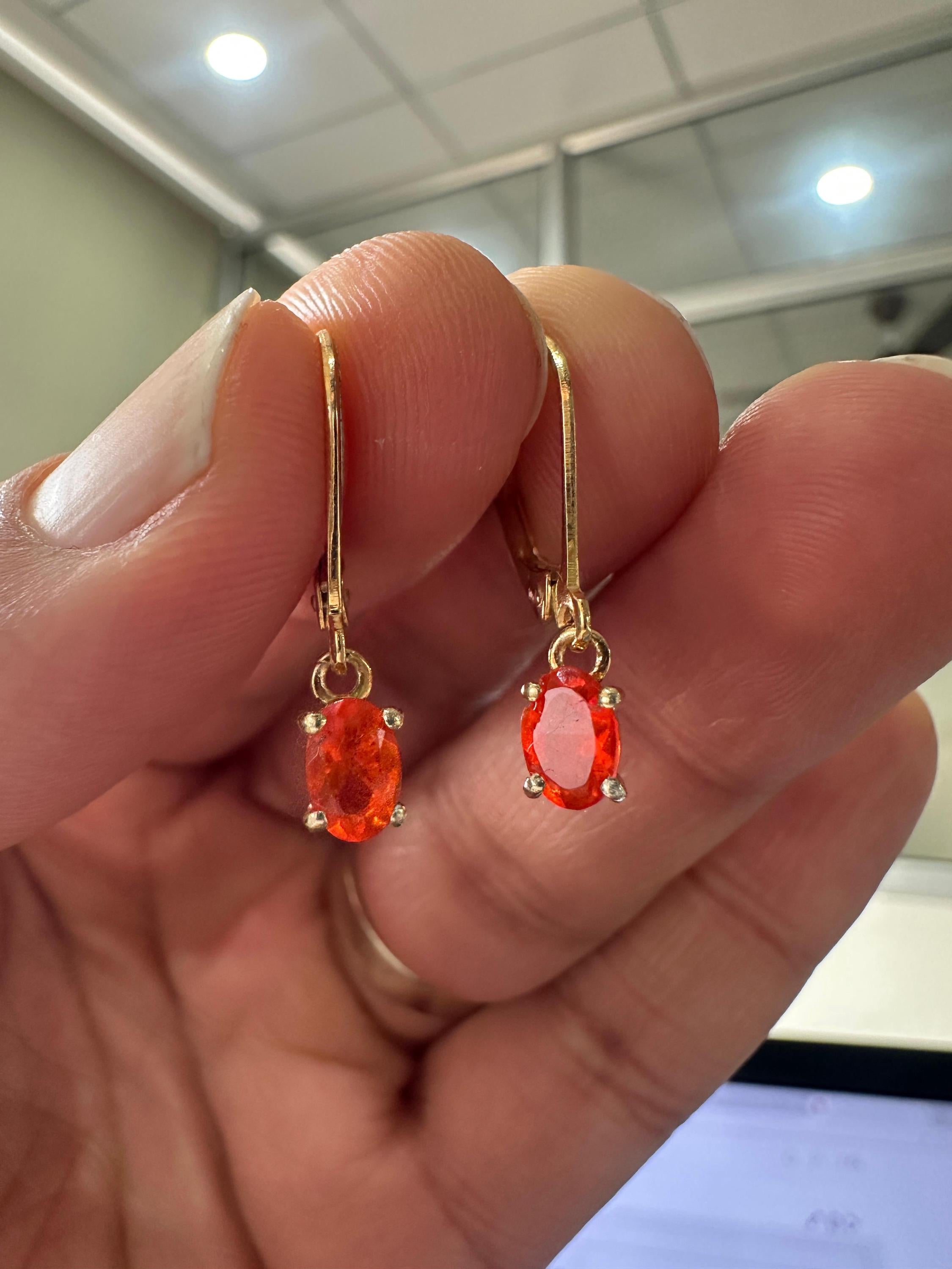 14K Gold Natural Fire Opal Drop Earrings, October Birthstone Lever Back Jewelry
