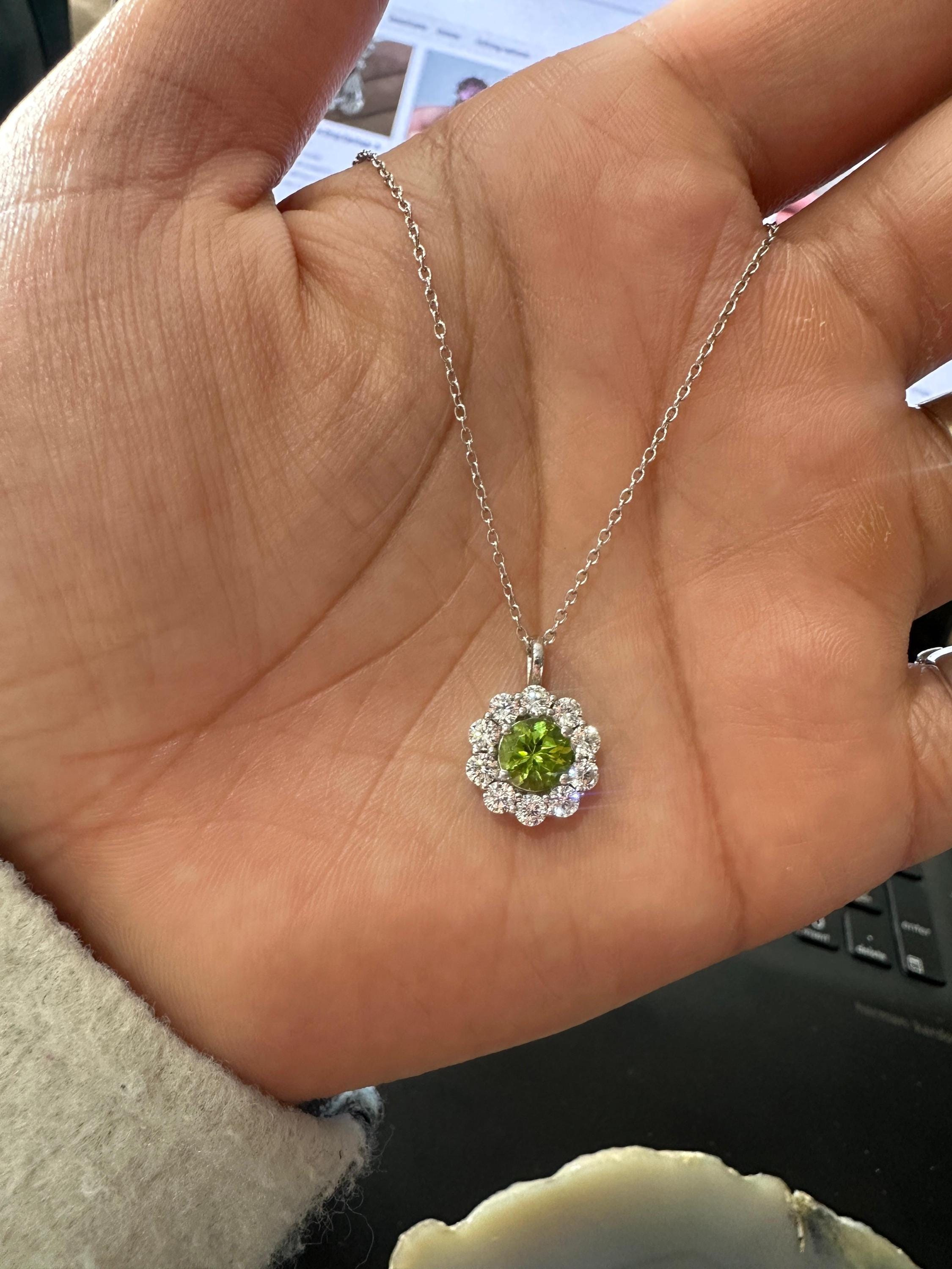 Natural Peridot Moissanite Halo Pendant | 925 Sterling Silver, Elegant gift or her
