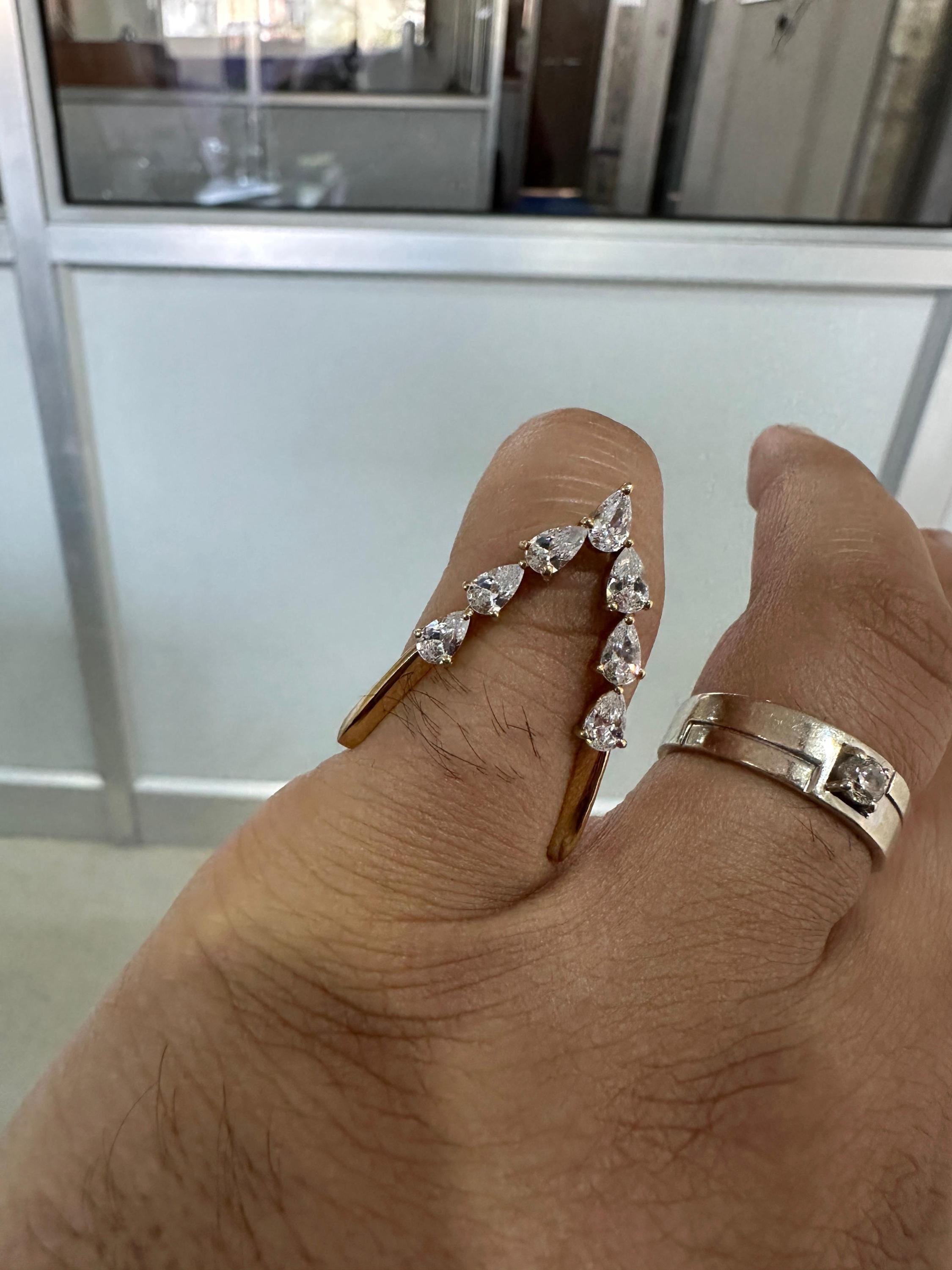 14K Gold Pear Moissanite Open Band Ring, Adjustable Statement Jewelry