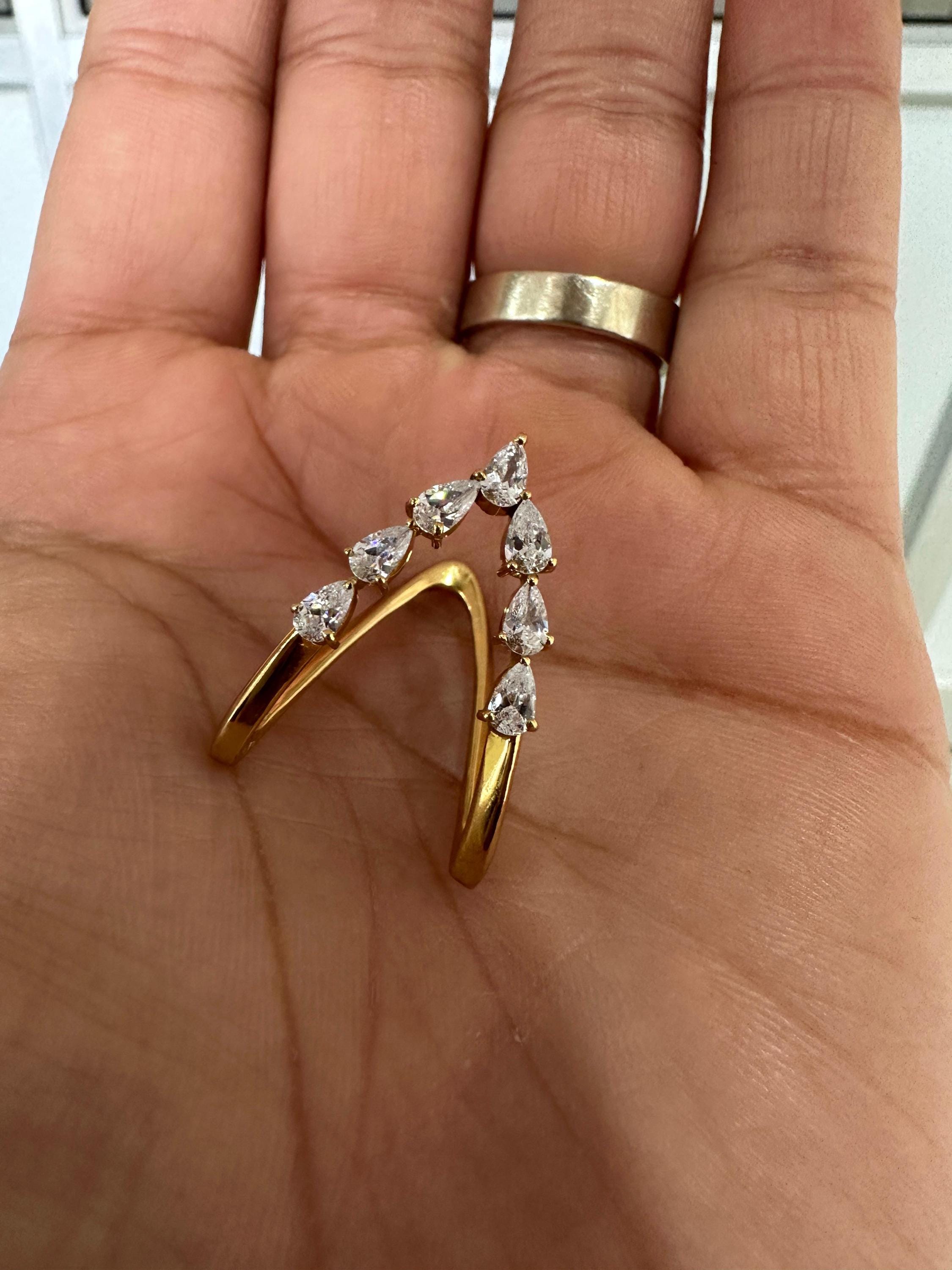 14K Gold Pear Moissanite Open Band Ring, Adjustable Statement Jewelry