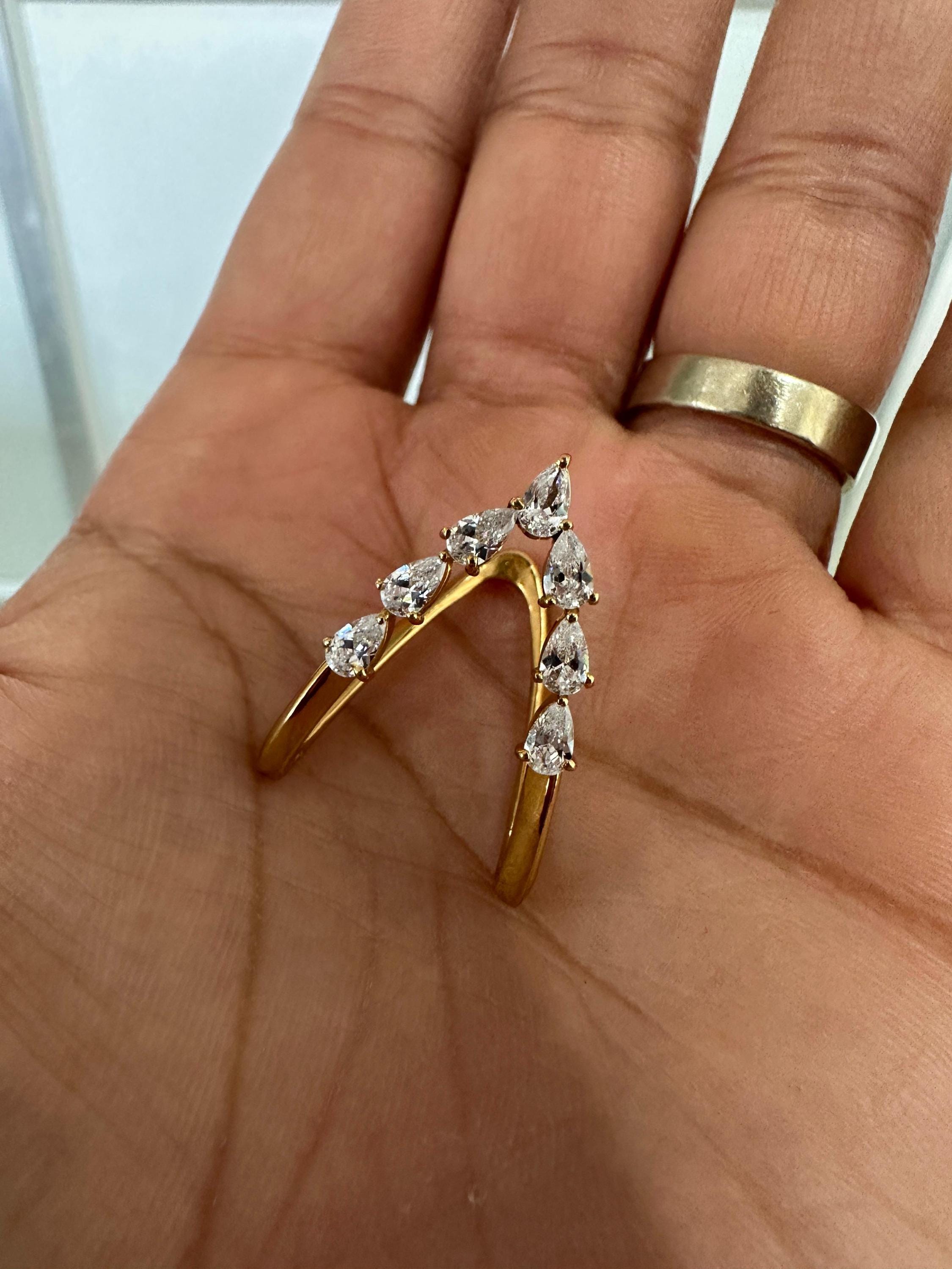 14K Gold Pear Moissanite Open Band Ring, Adjustable Statement Jewelry