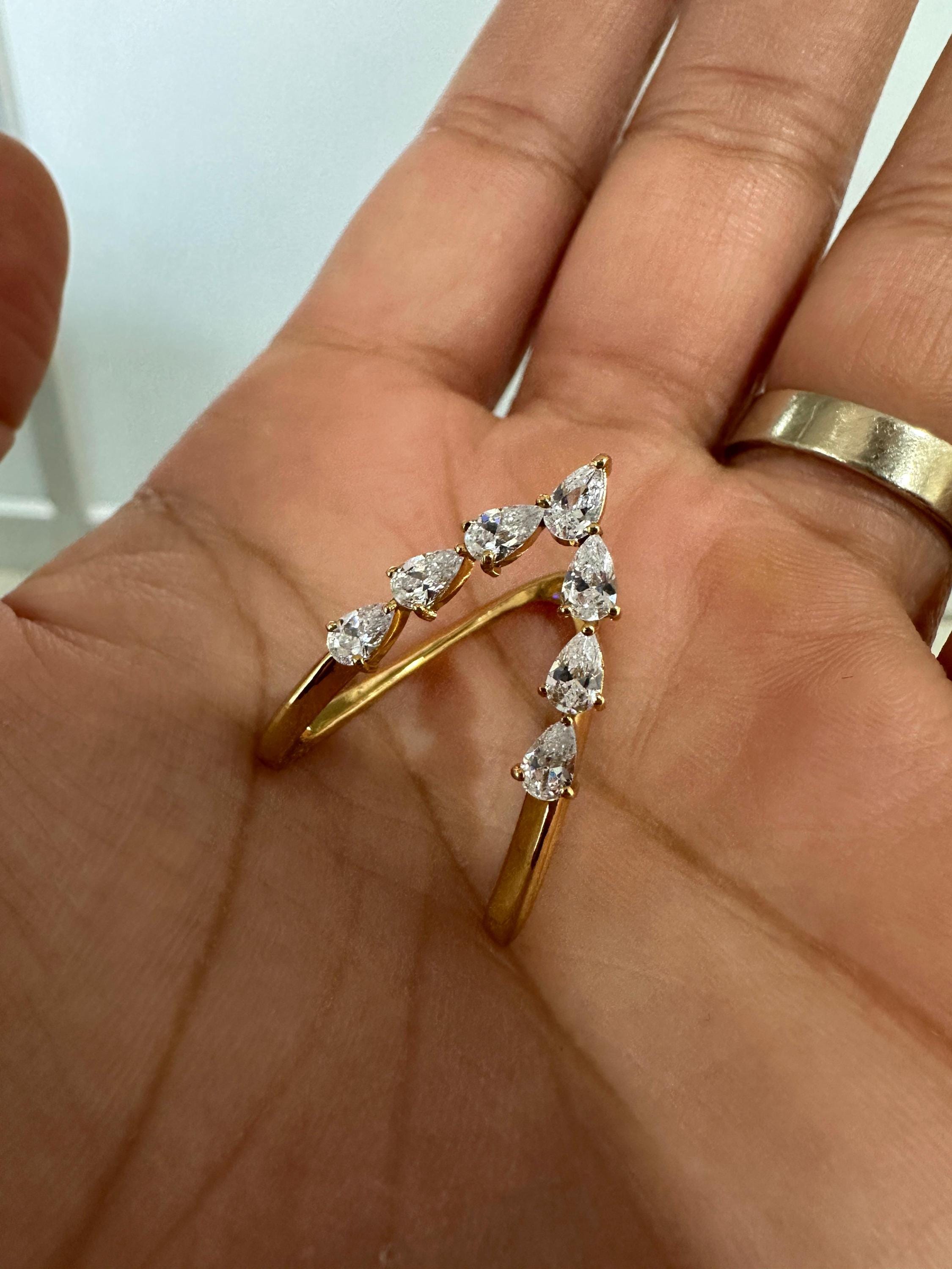 14K Gold Pear Moissanite Open Band Ring, Adjustable Statement Jewelry