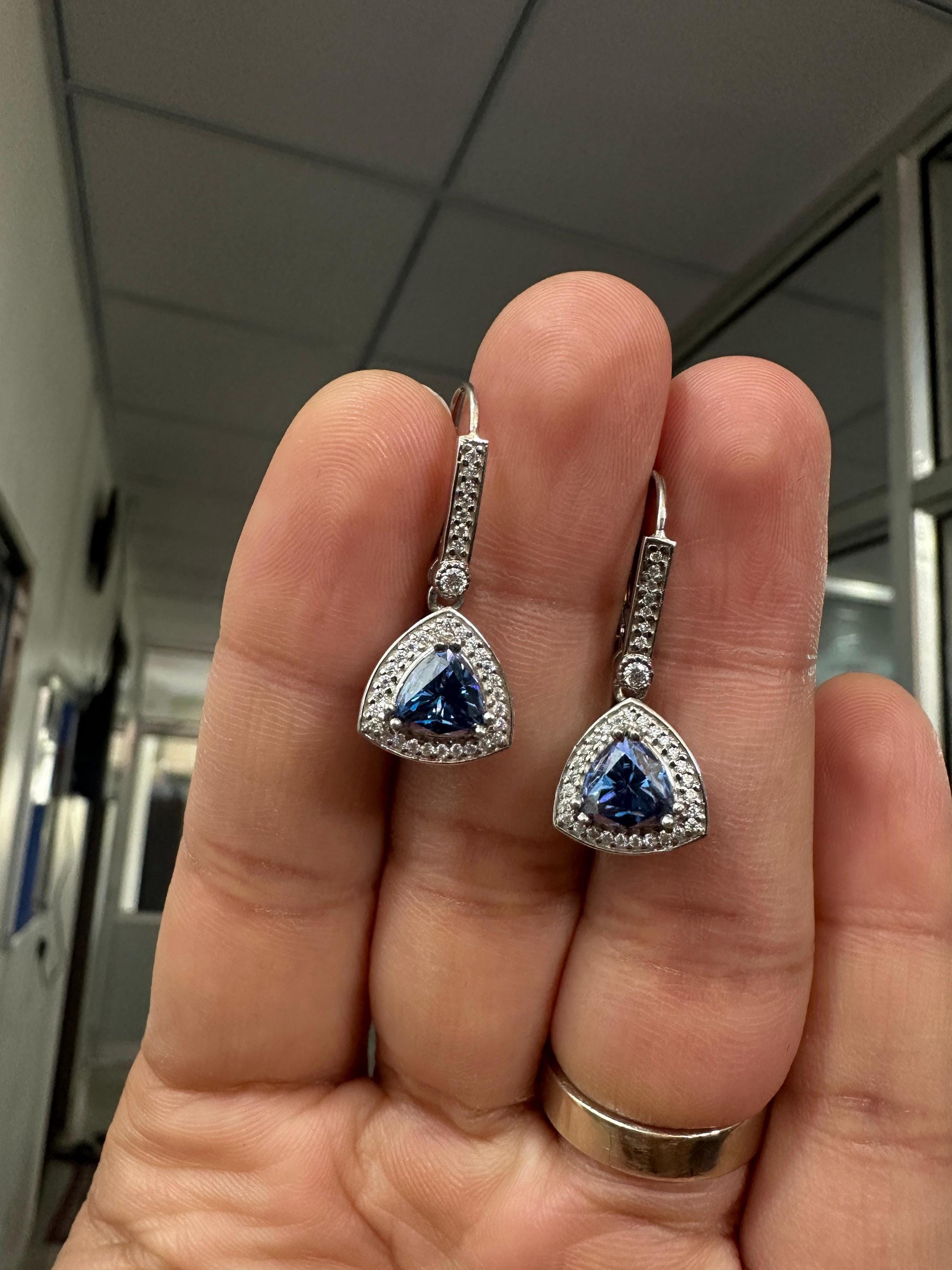 Alexandrite Moissanite Drop Earrings | Sterling Silver Halo, Color-Changing