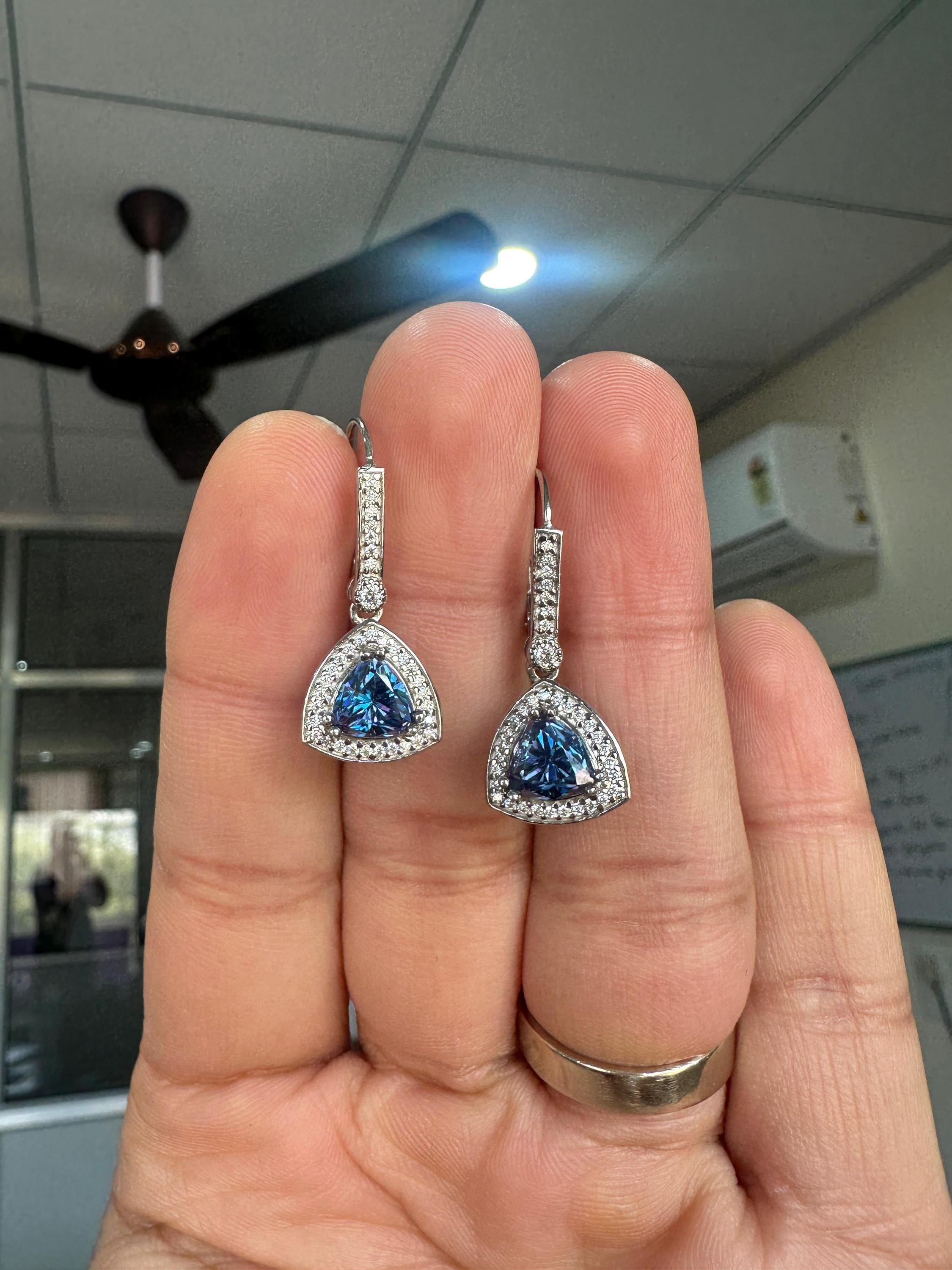 Alexandrite Moissanite Drop Earrings | Sterling Silver Halo, Color-Changing