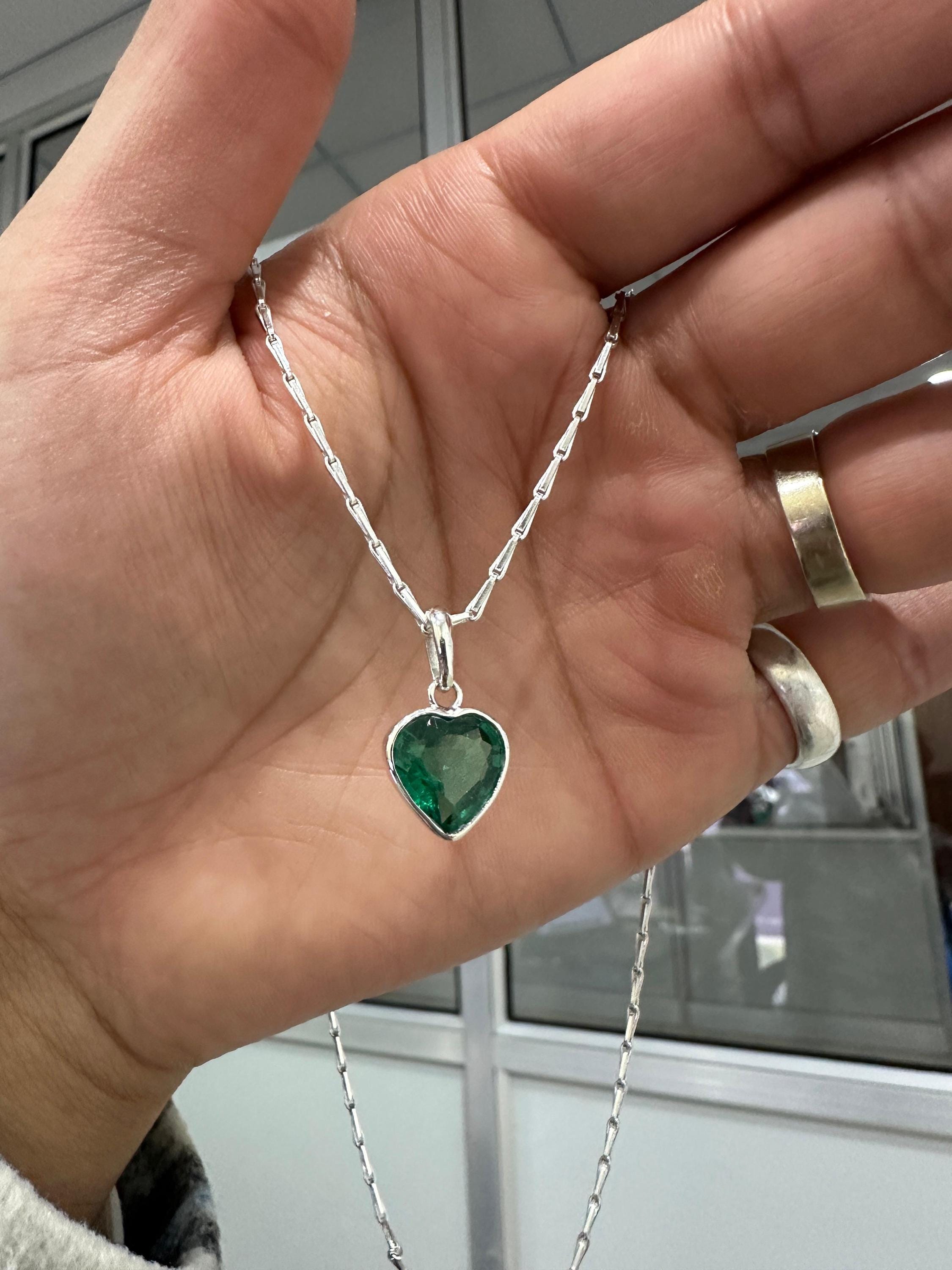 Heart Shaped Emerald Solitaire Pendant | Handmade 925 Sterling Silver Necklace