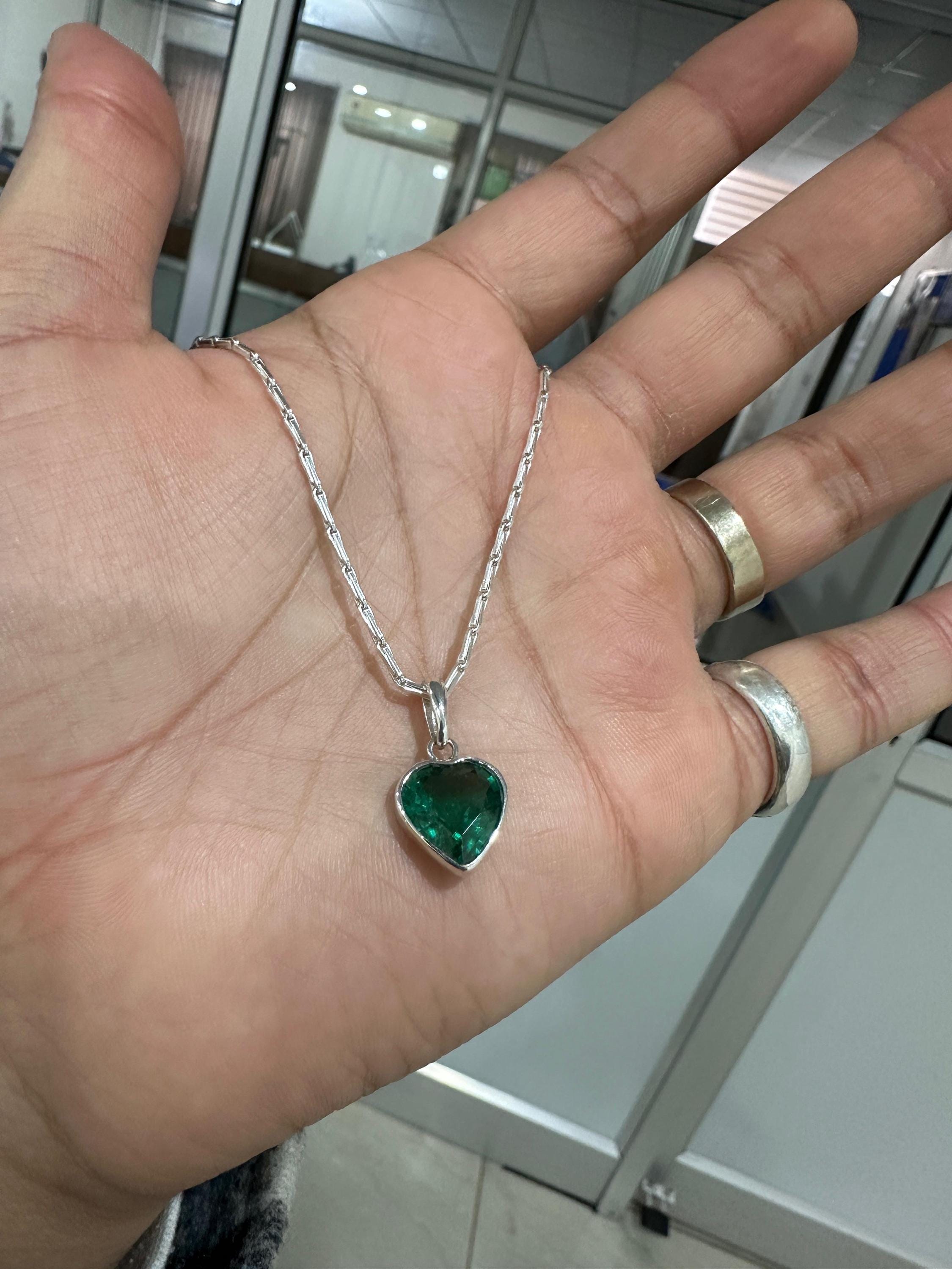 Heart Shaped Emerald Solitaire Pendant | Handmade 925 Sterling Silver Necklace
