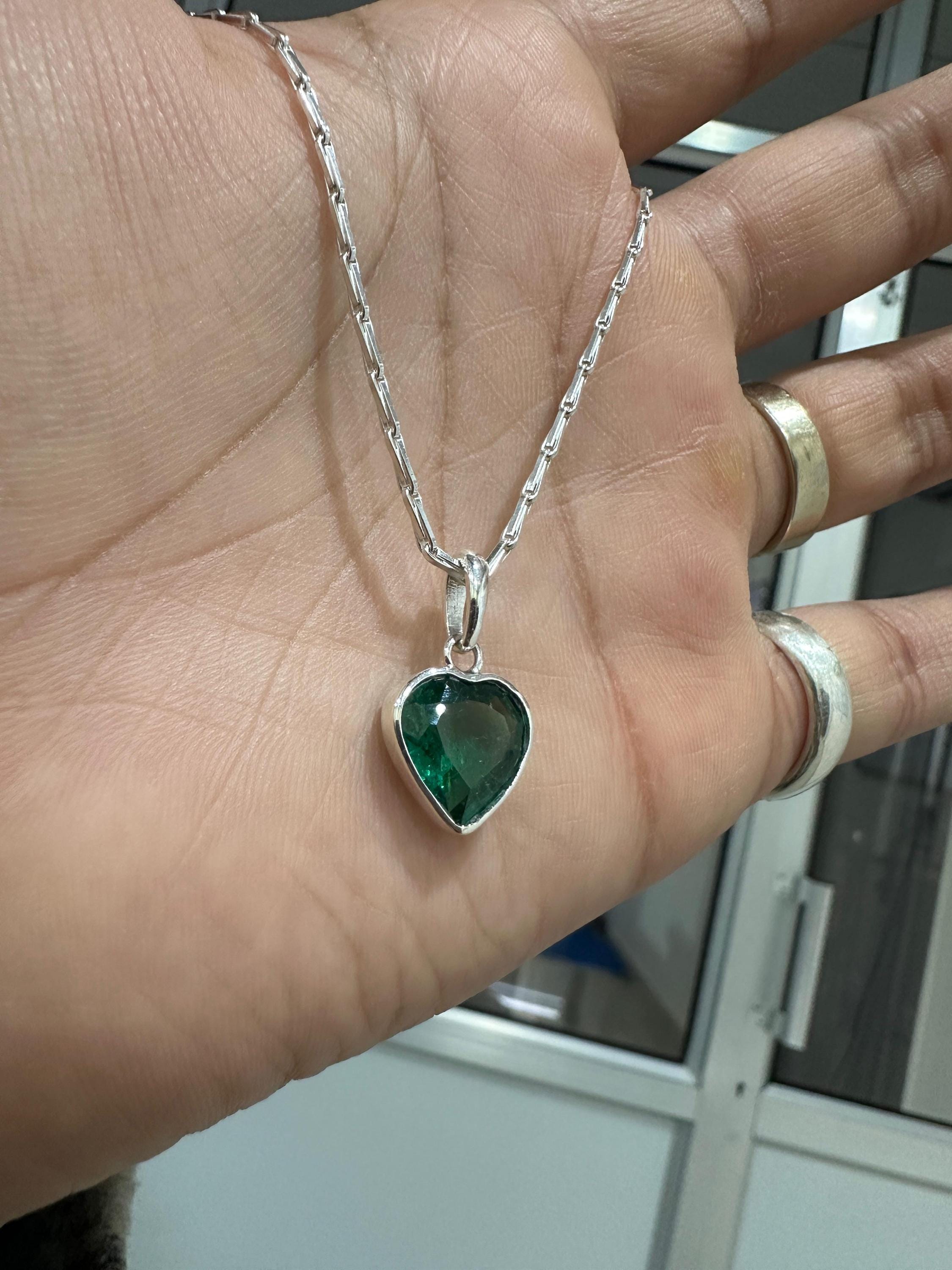 Heart Shaped Emerald Solitaire Pendant | Handmade 925 Sterling Silver Necklace