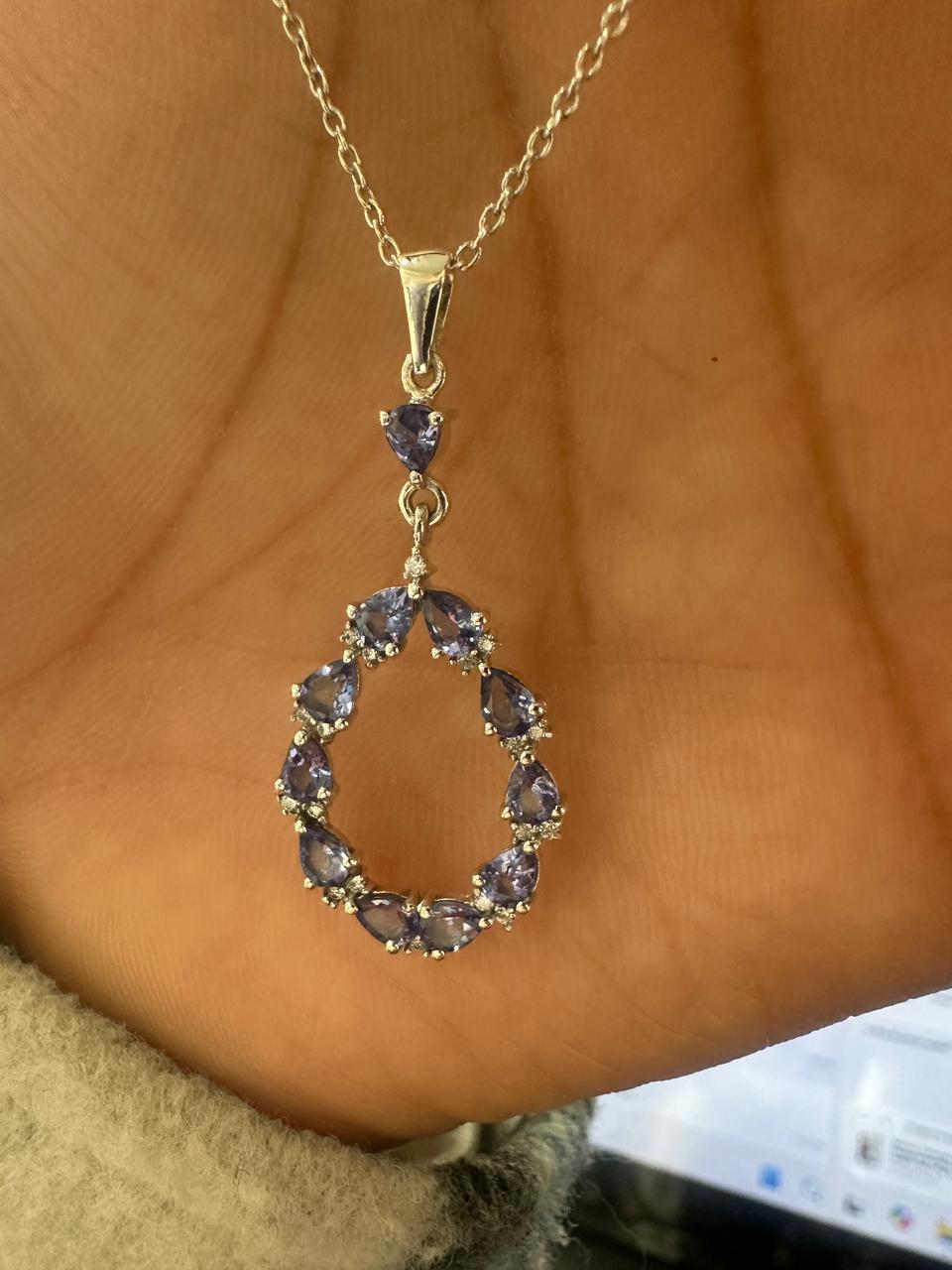 Tanzanite Pear Cut Drop Pendant Necklace, 925 Sterling Silver, Moissanite Accents