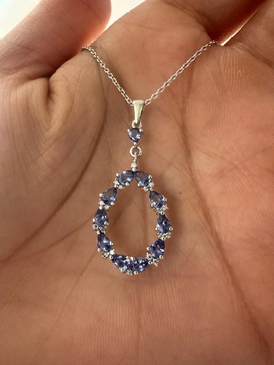 Tanzanite Pear Cut Drop Pendant Necklace, 925 Sterling Silver, Moissanite Accents